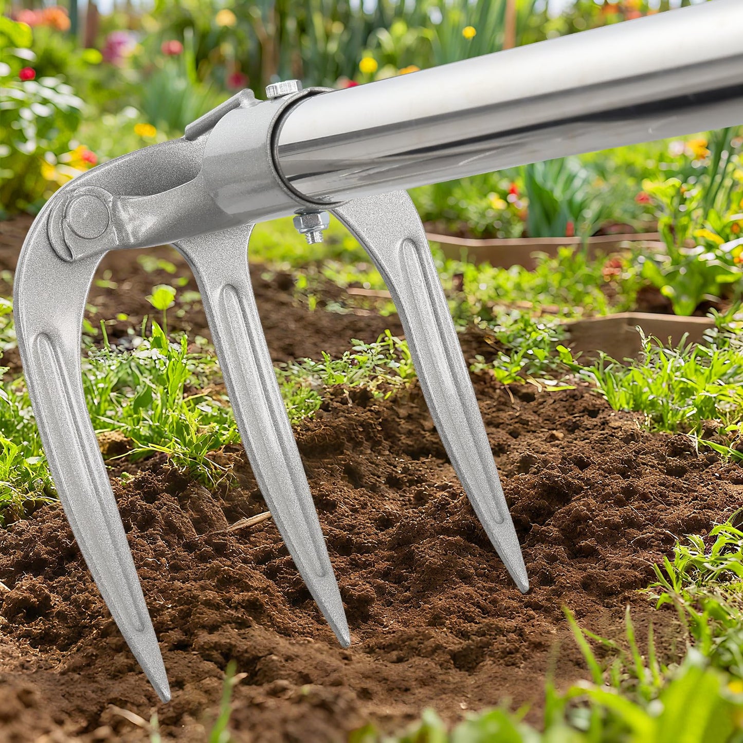 Hand Rake Garden Tool - 57" Long Handle Soil Tiller Cultivator Weeding Rake, 3-Tine Heavy Duty Carbon Steel with D-Grip for Effortless Weeds Digging, Soil Loosening, Planting