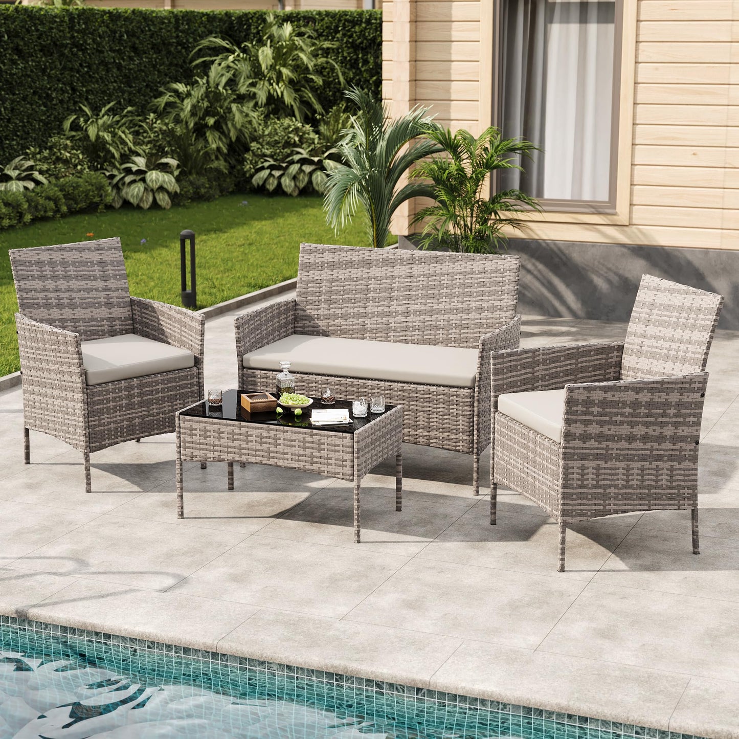 GAOMON 4-Piece Outdoor Conversation Set, PE Rattan Wicker Patio Furniture Set with Cushions, Loveseat and 2 Armchairs, Tempered Glass Coffee Table,Gray Gradient