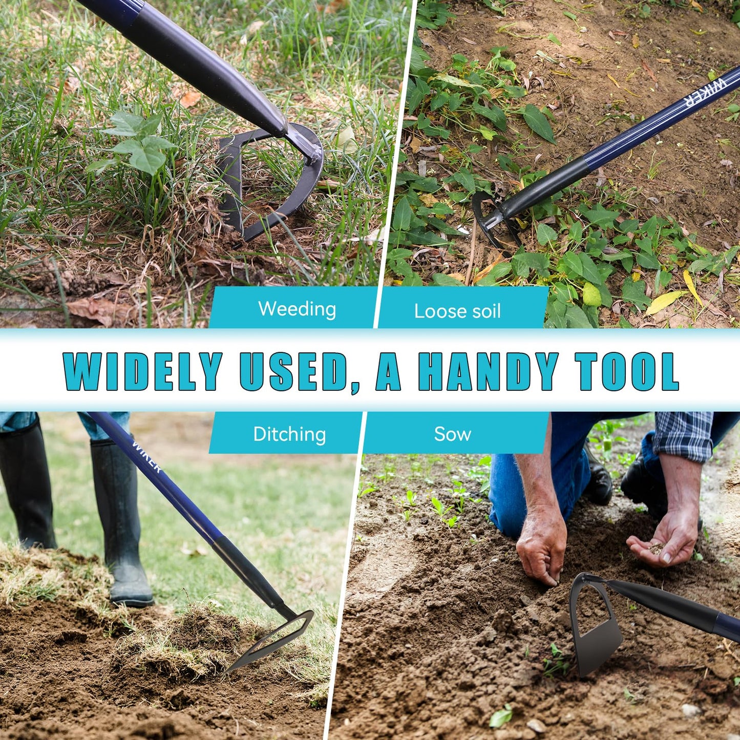 WIKER 57 Inch Professional Garden Hoe, Heavy Duty Weeding Tool with Pre-Sharpened Blade, Fiberglass Long Handle for Effortless Soil Cultivation and Weed Removal