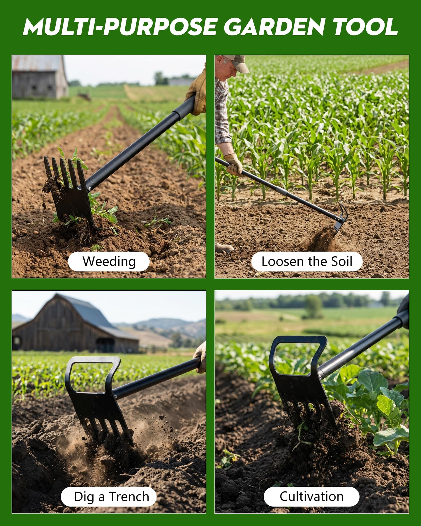 Garden Hoe, 2-in-1 Garden Hoe, 60" Adjustable Handle, Sharp Blade, Efficient Weeding & Tilling Tool for Gardening