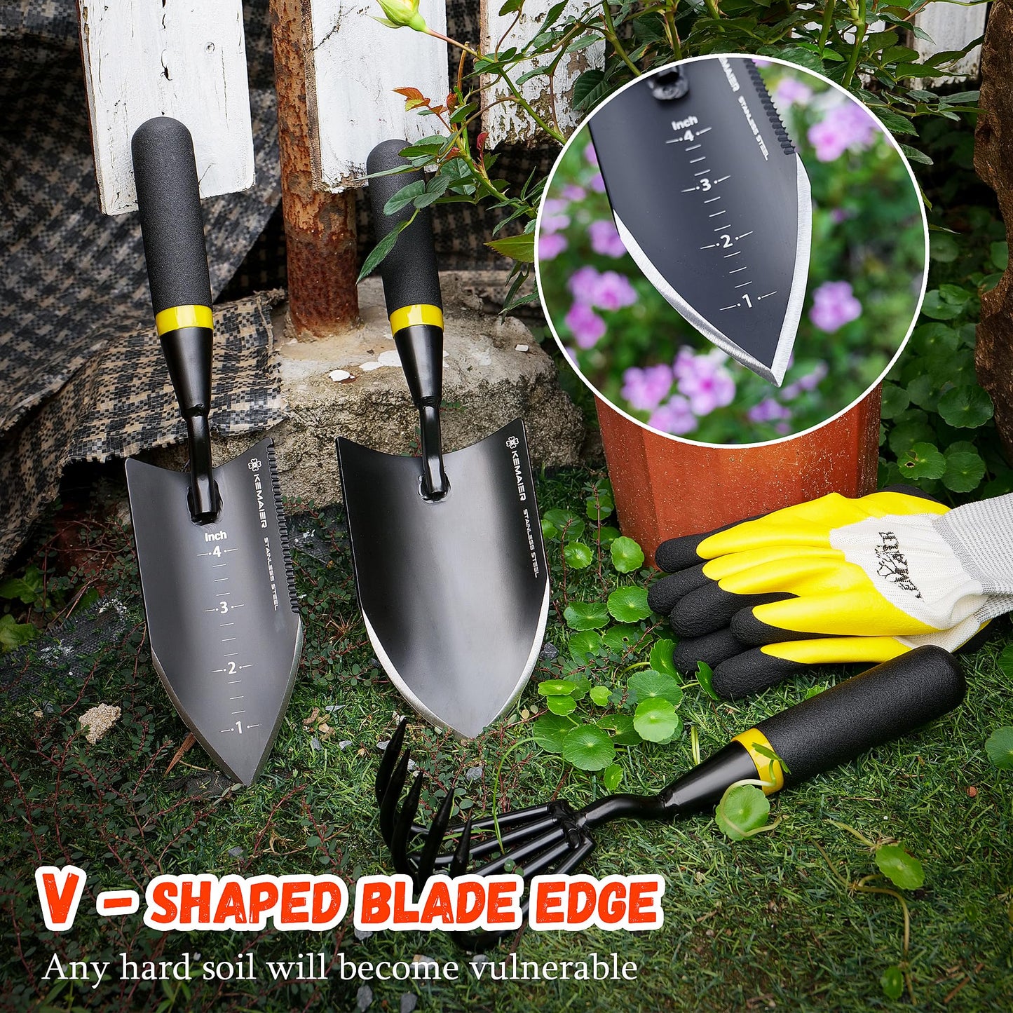 KEMAIER Heavy Duty Stainless Steel Garden Tool Set - Thoughtfully Crafted for Outdoor Patio Use, Perfect for Both Men and Women. Includes Gardening Trowel, Transplanting Shovel, and Hand Cultivators
