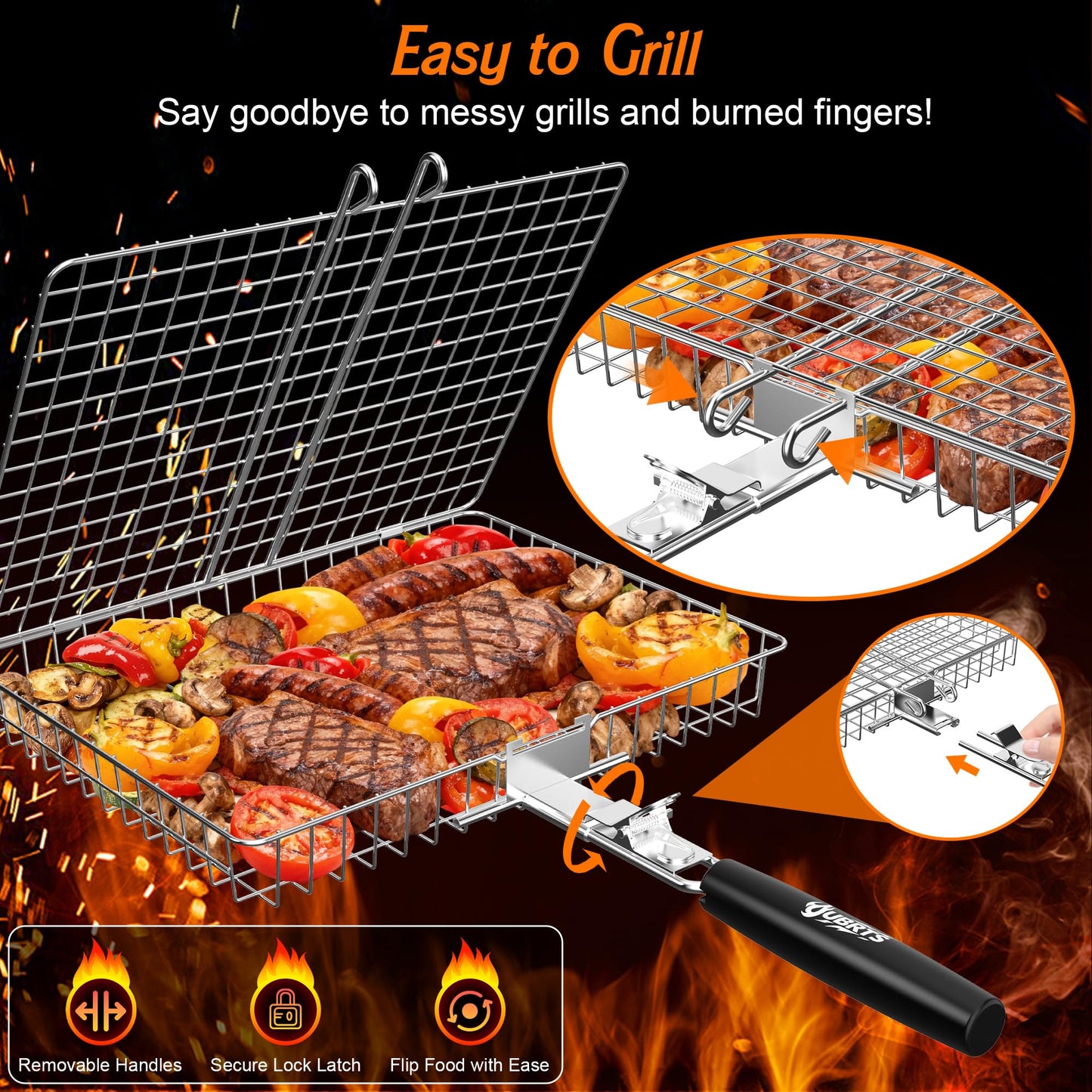 Grill Baskets for Outdoor Grill, 2PCS BBQ Grilling Basket with Removable Wooden Handle, Stainless Steel Camping Cooking Grill Accessories for Meat Fish Vegetable Seafood, Gifts for Men Dad Husband
