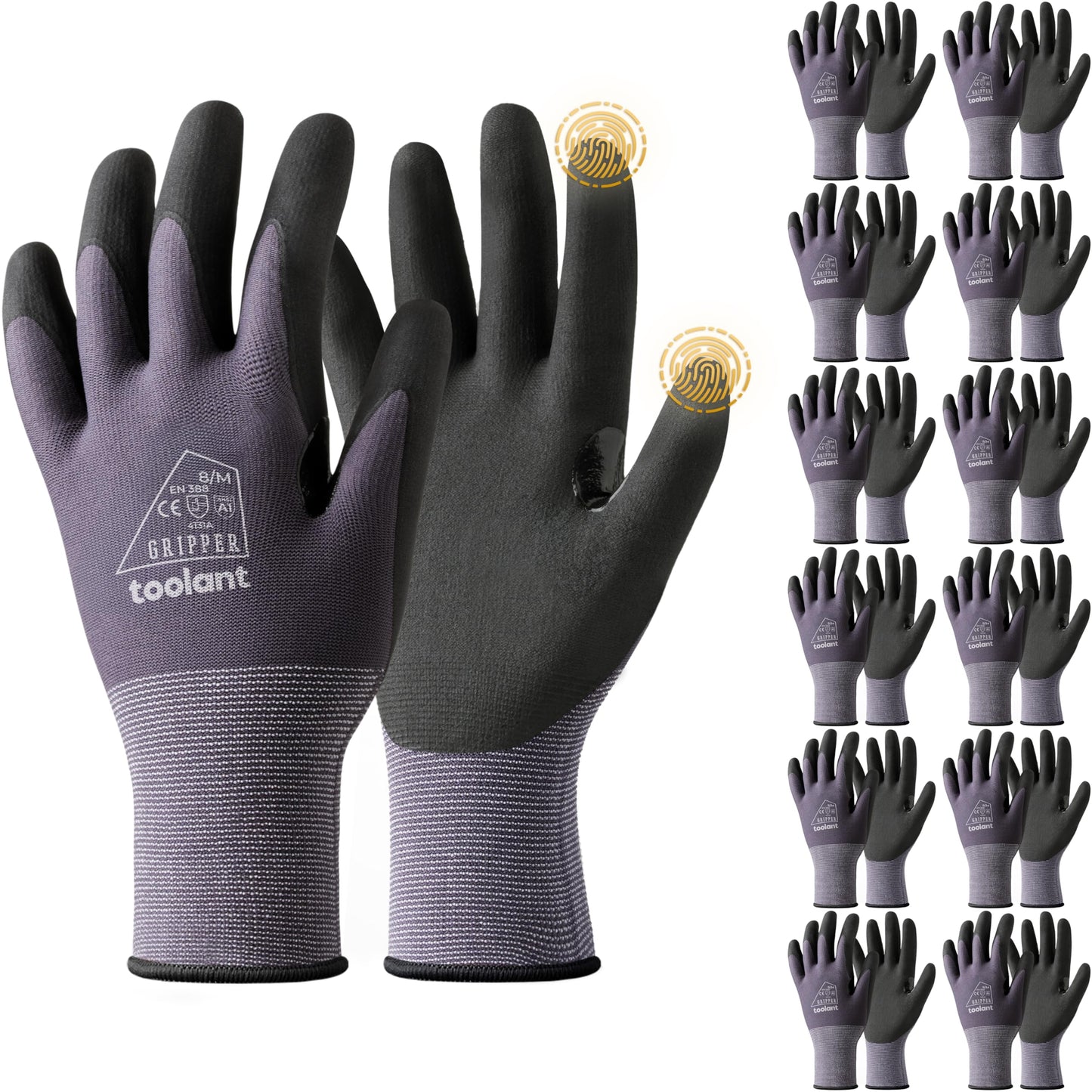 toolant 6 Pairs Work Gloves MicroFoam Nitrile Coated, 15 Gauge Breathable Nylon with Grip in Wet & Oily Condition, Touchscreen, Certified Working Gloves Bulk for Gardening, Warehouse,Automotive,Gray,M