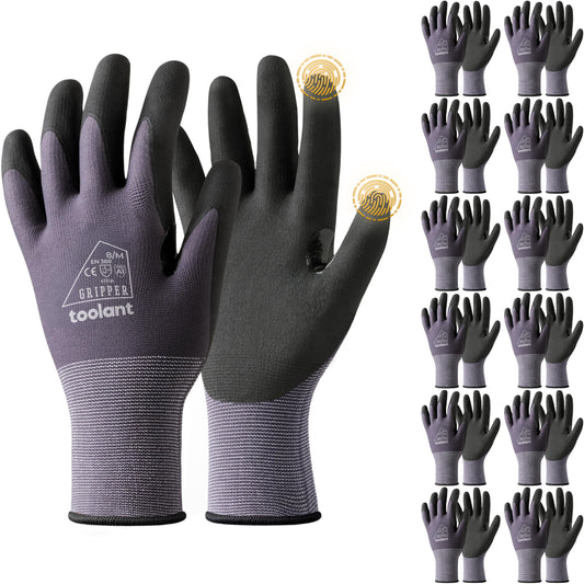 toolant 6 Pairs Work Gloves MicroFoam Nitrile Coated, 15 Gauge Breathable Nylon with Grip in Wet & Oily Condition, Touchscreen, Certified Working Gloves Bulk for Gardening, Warehouse,Automotive,Gray,M