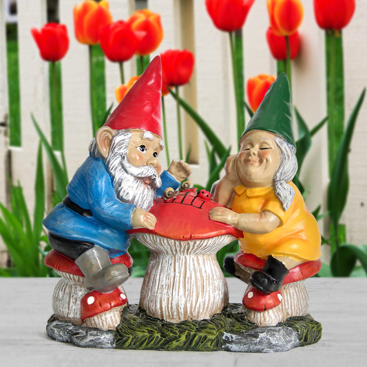 Wiresusan Garden Gnome Statue for Outdoor Decoration, Couple Gnome Figurine on Mushroom for Outside, Garden Mr and Mrs Gnome Playing Chess Sculptures for Yard Lawn Patio Decor, Love Gifts for Women