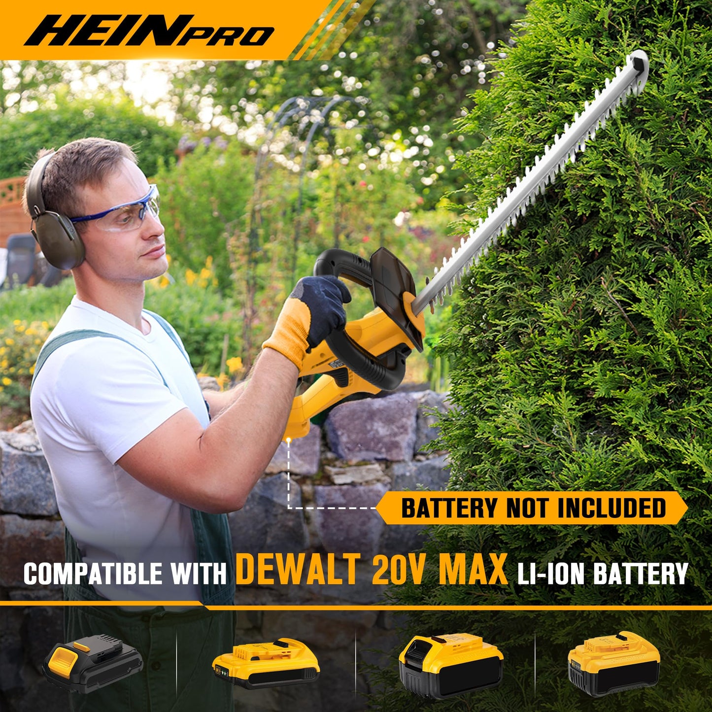HEINPRO Cordless Hedge Trimmer 22-Inch Compatible with DEWALT 20V MAX Battery, Electric Hedge Trimmer Cordless, Bush Trimmers for Garden, Battery Powered Hedge Trimmers, Yellow (Tool Only)