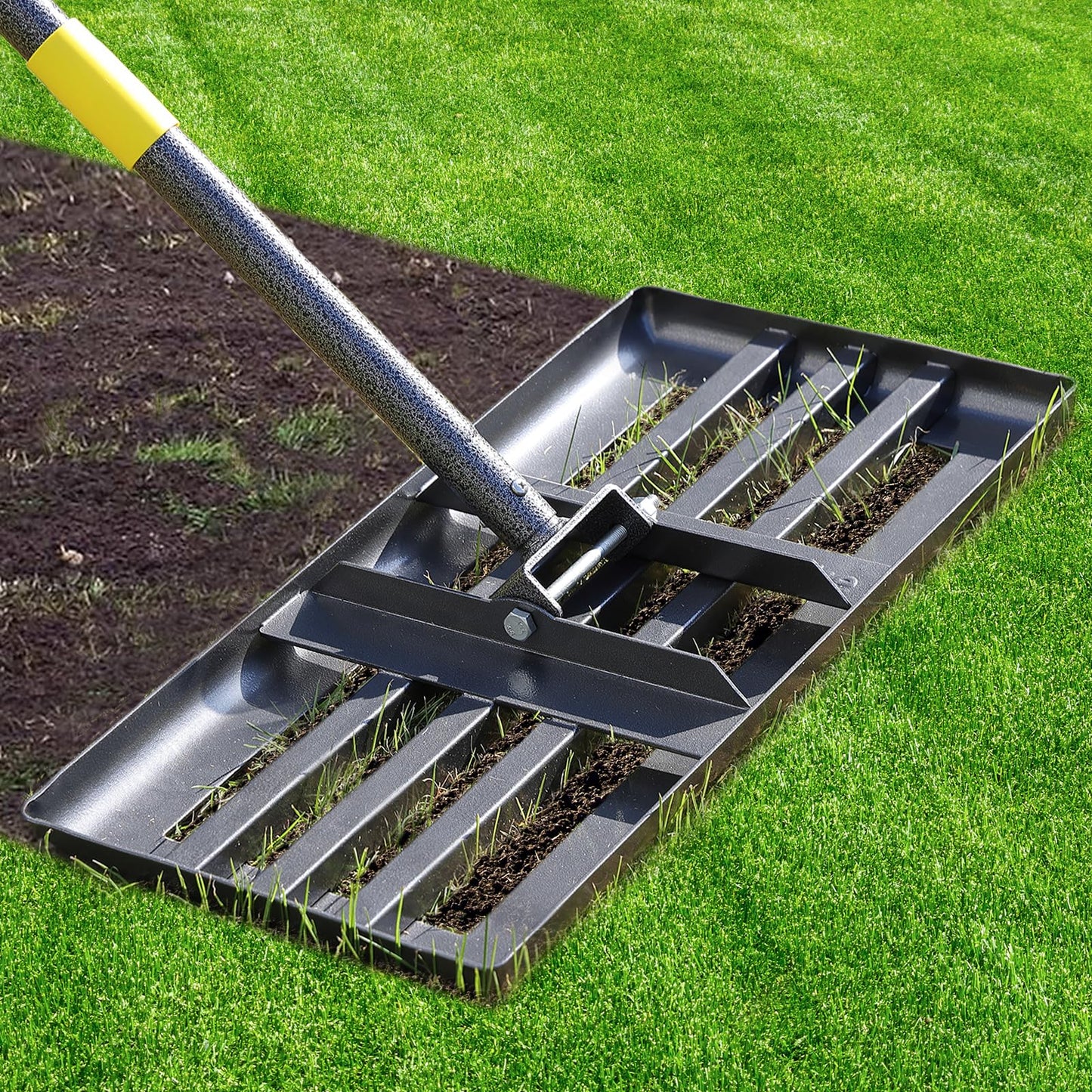 Lawn Leveling Rake - Heavy Duty 17"x10" Stainless Steel Leveler Plate,Reinforced Welds,28-60" Adjustable, Anti Flipping Smooth Edge,for Soil, Dirt,Ground,Backyard Top Dressing,Landscaping