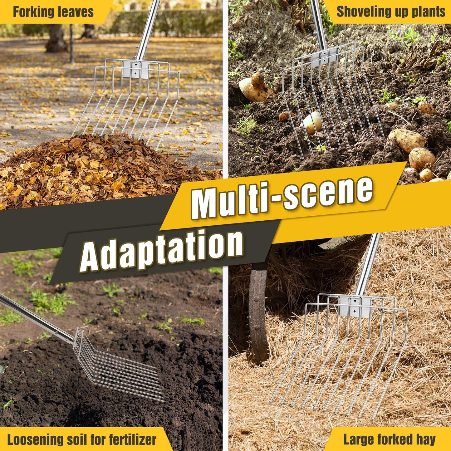 AugFir Pitchfork for Gardening, 50" Multifunctional Stainless Steel Garden Pitchfork with Handle, Suitable for Shoveling, Fertilizing, Transplanting, Mulching Garden Fork - 10 Tines