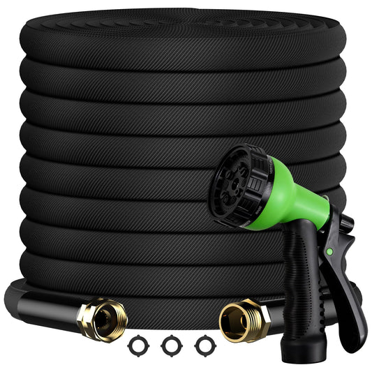 100FT Non-Expandable Garden Hose, Lightweight Flat Water Hose with 10-Function Spray Nozzle, 3/4" Metal Fittings, Kink-Resistant & Easy to Store for Garden, Yard, Car Wash (Black)