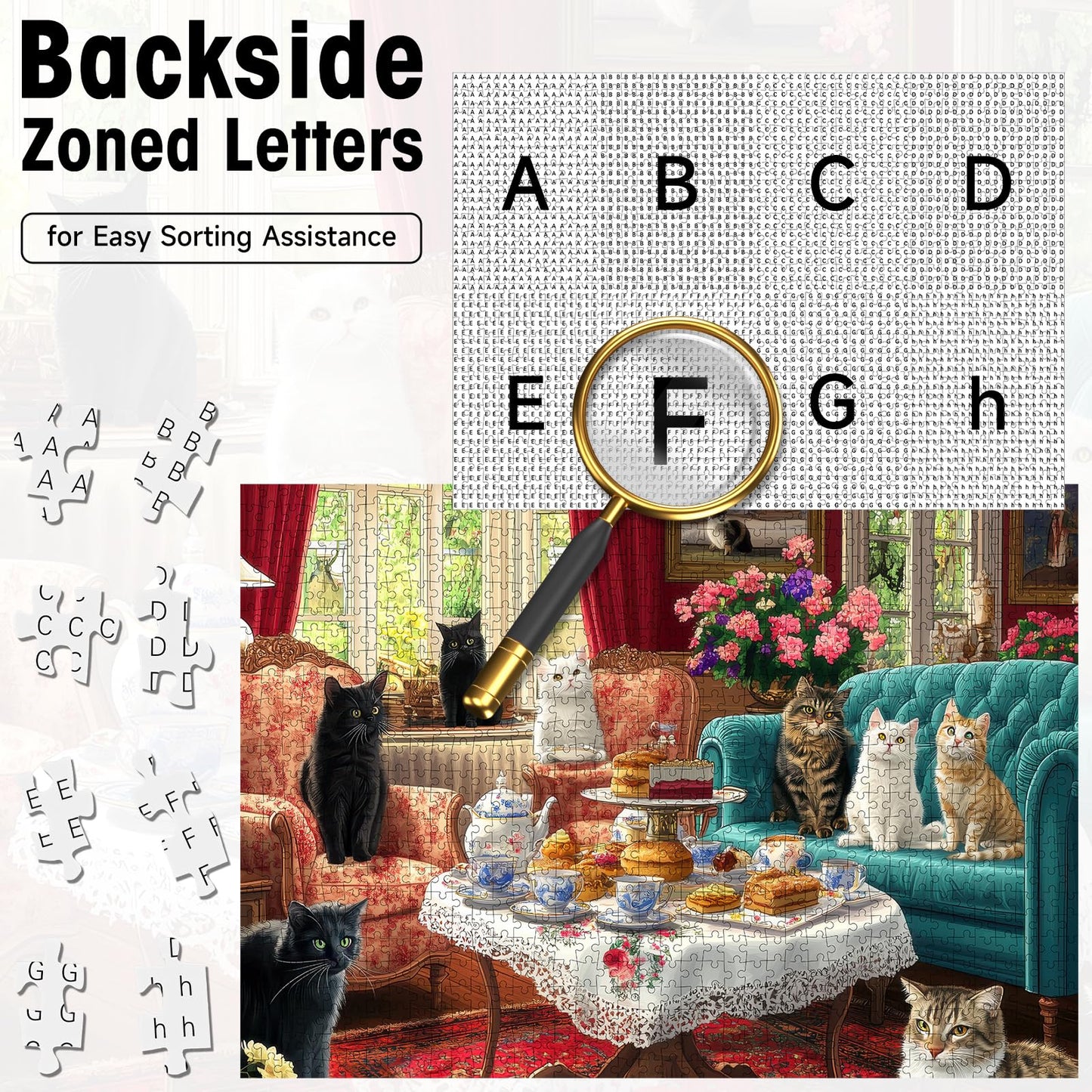 Cat Afternoon Tea Puzzles for Adults 1000 Pieces, Vintage Cat Jigsaw Puzzle with Letters on Back, 28x20 Inch Wall Art, Hard Challenging Family Game, Easter