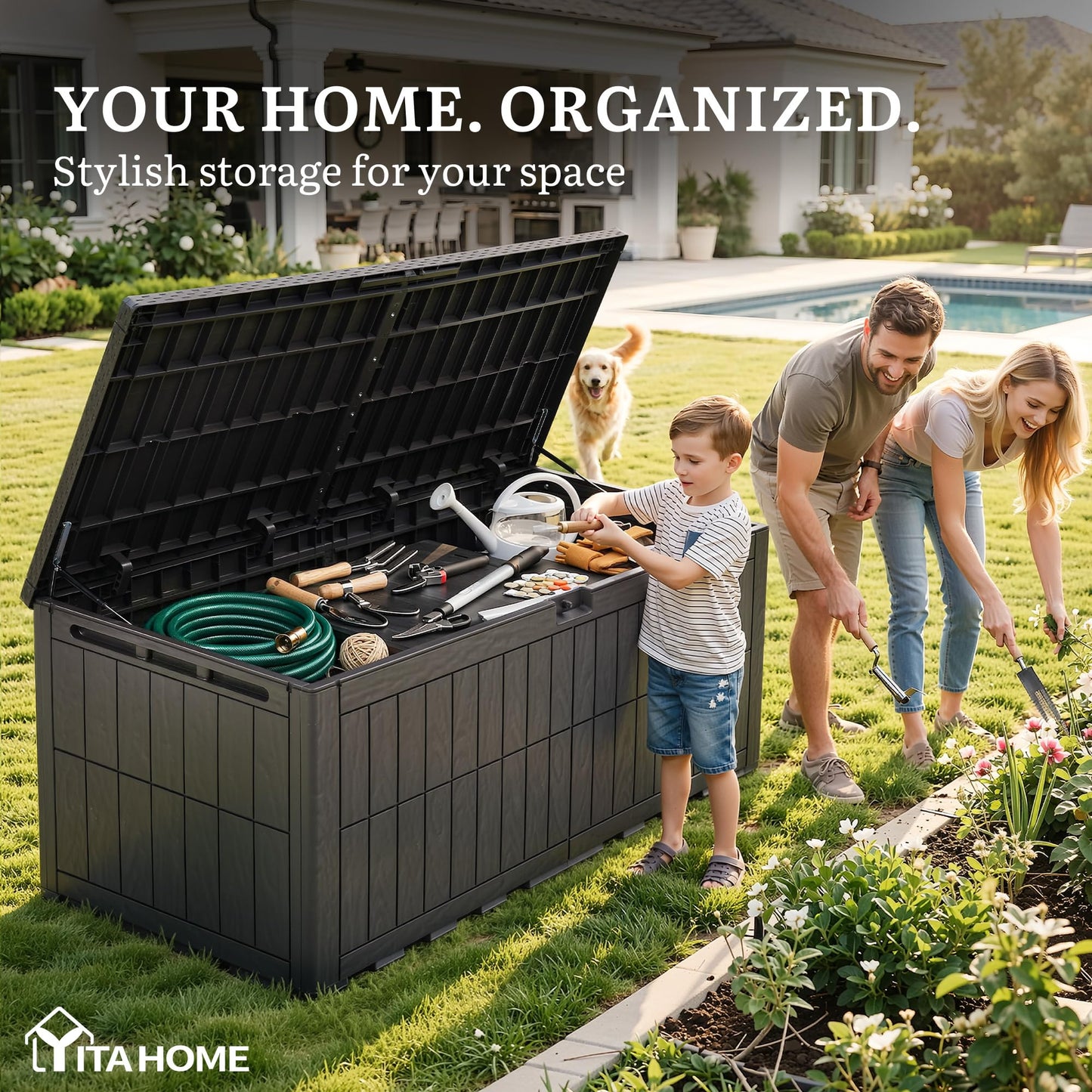 YITAHOME XXL 240 Gallon Extra Large Deck Box, Waterproof Resin Outdoor Storage Box with Lock and 3-Person Bench Seating for Patio Furniture Cushions,Garden Tools & Pool Accessories, Dark Brown
