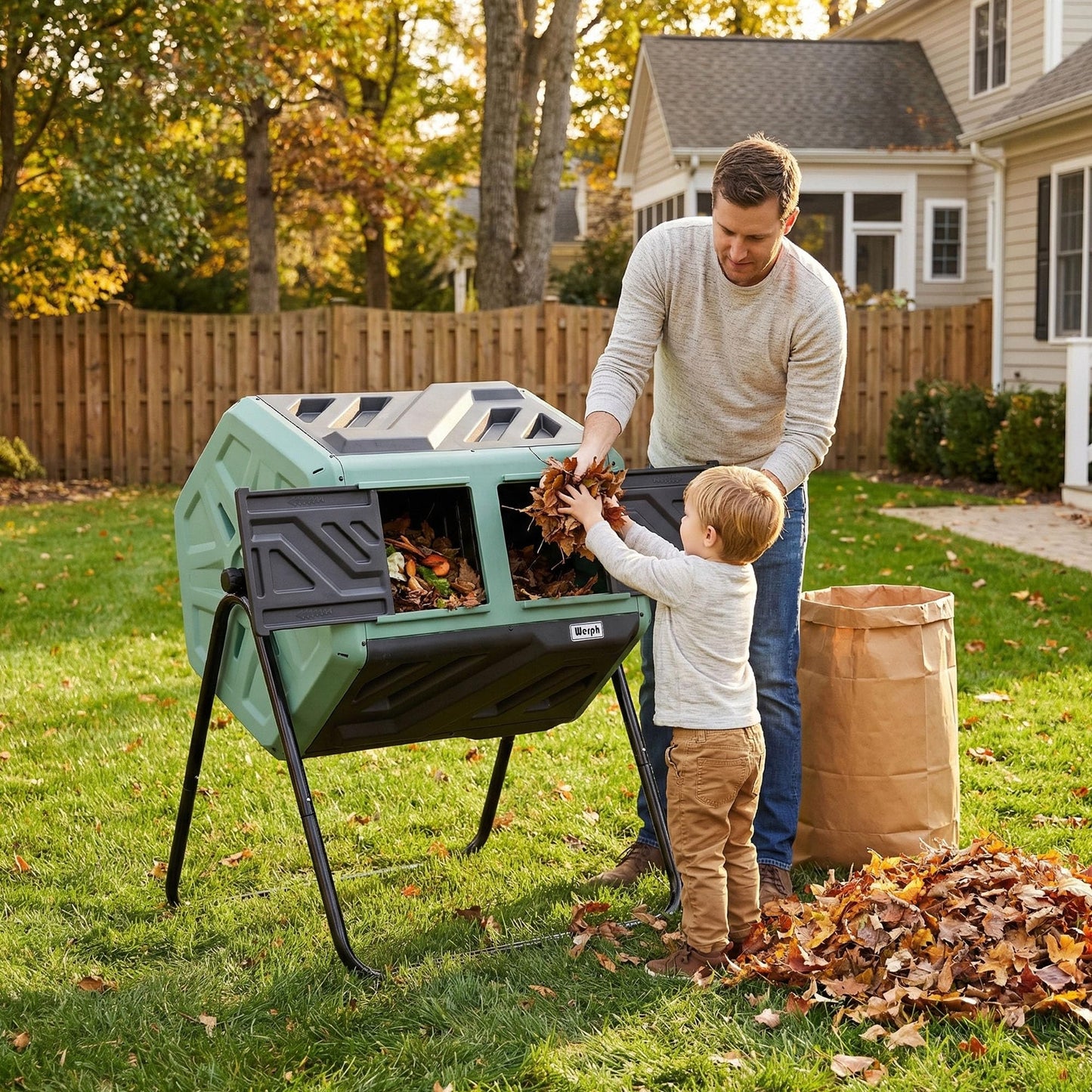 Werph Updated 43 Gallon Dual-Chamber Compost Bin, Fast Assembly Rotating Outdoor Compost Tumbler, Batch Composter with Gloves for Garden, Kitchen, and Yard Waste, Green & Black
