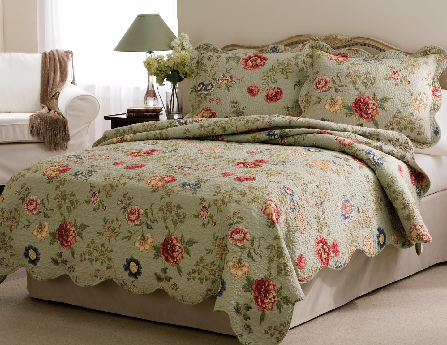 American Traditions Lifestyles Edens Garden 100% Cotton Quilt with 2 Shams, Full/Queen, Green, Floral Themed, for Men and Women, Oeko-TEX Certified Confidence