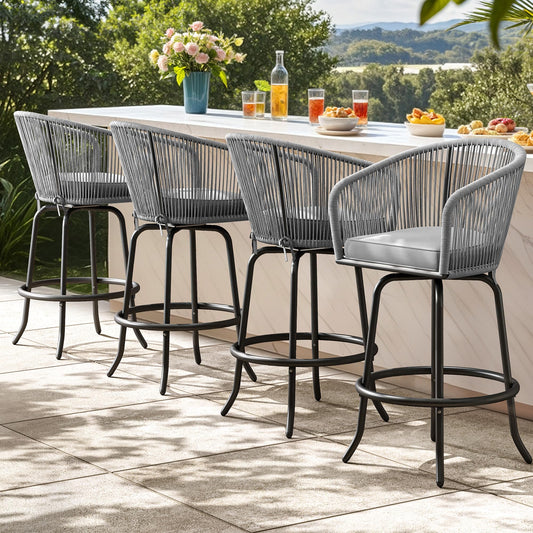 YITAHOME Counter Height Bar Stools Set of 4, Outdoor Bar Stools with Soft Cushions, Patio Rattan Swivel Bar Chairs for Backyard Poolside, Garden w /360 Rotation (Gray)