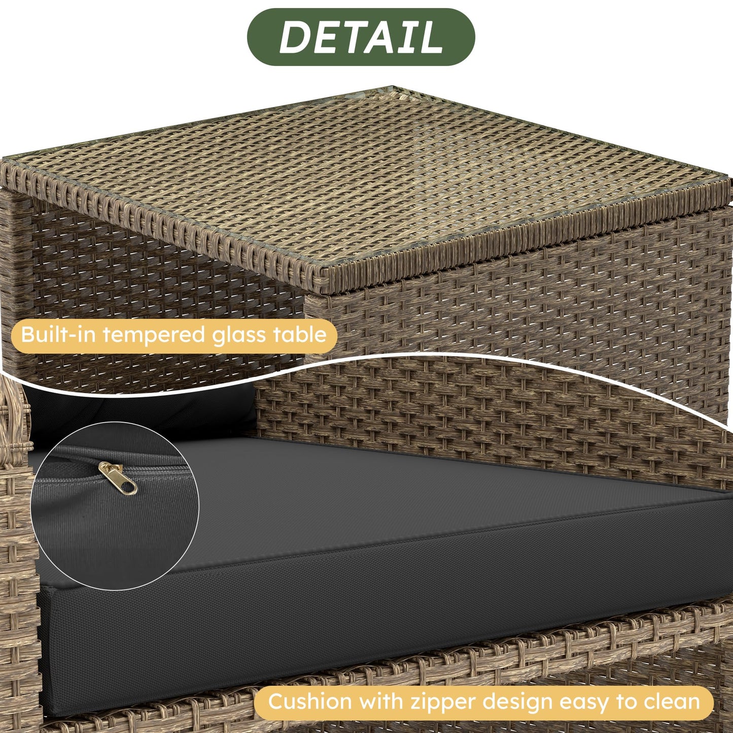 LHBcraft Balcony Furniture 5 Piece Patio Conversation Set, PE Wicker Rattan Outdoor Lounge Chairs with Soft Cushions 2 Ottoman-Glass Table for Porch