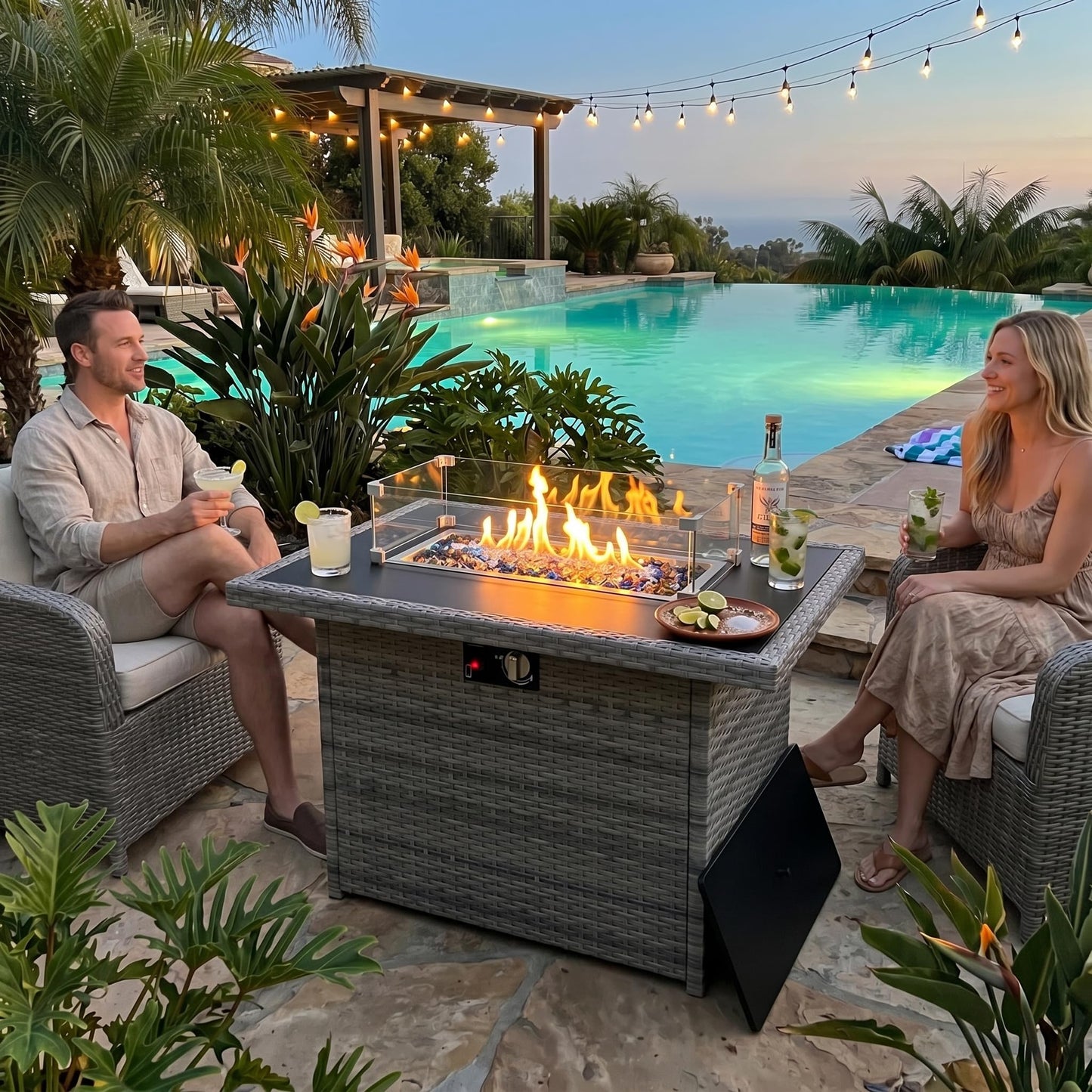 Propane Fire Pit Table, 44" Outdoor Gas Fire Pit with Glass Wind Guard & Waterproof Cover