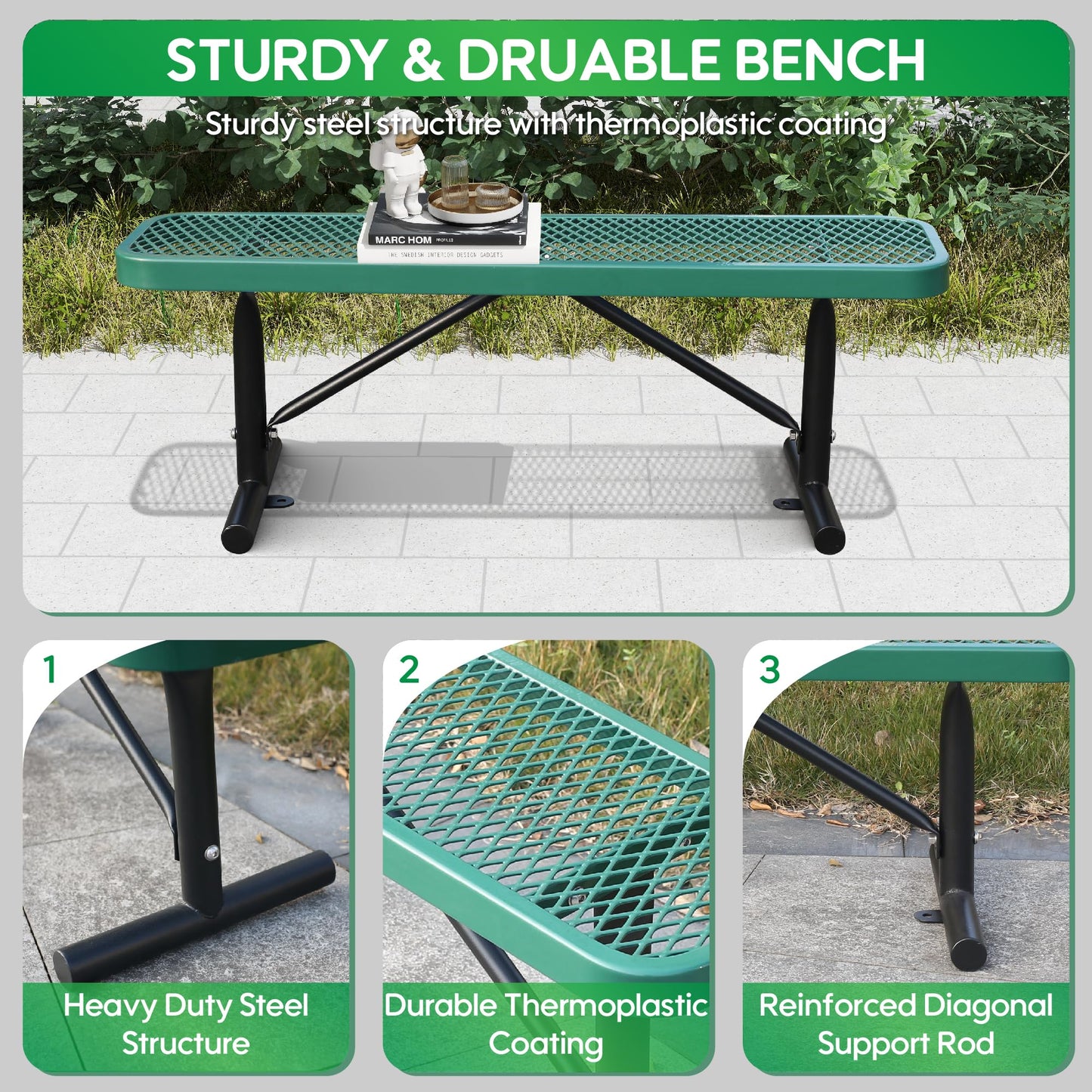 Sunnibety 4 Feet Heavy Duty Metal Park Bench for Outside, Outdoor Bench with Portable Frame, Commercial Benches for Shopping Mall, Store, Park, Patio, Deck, Green