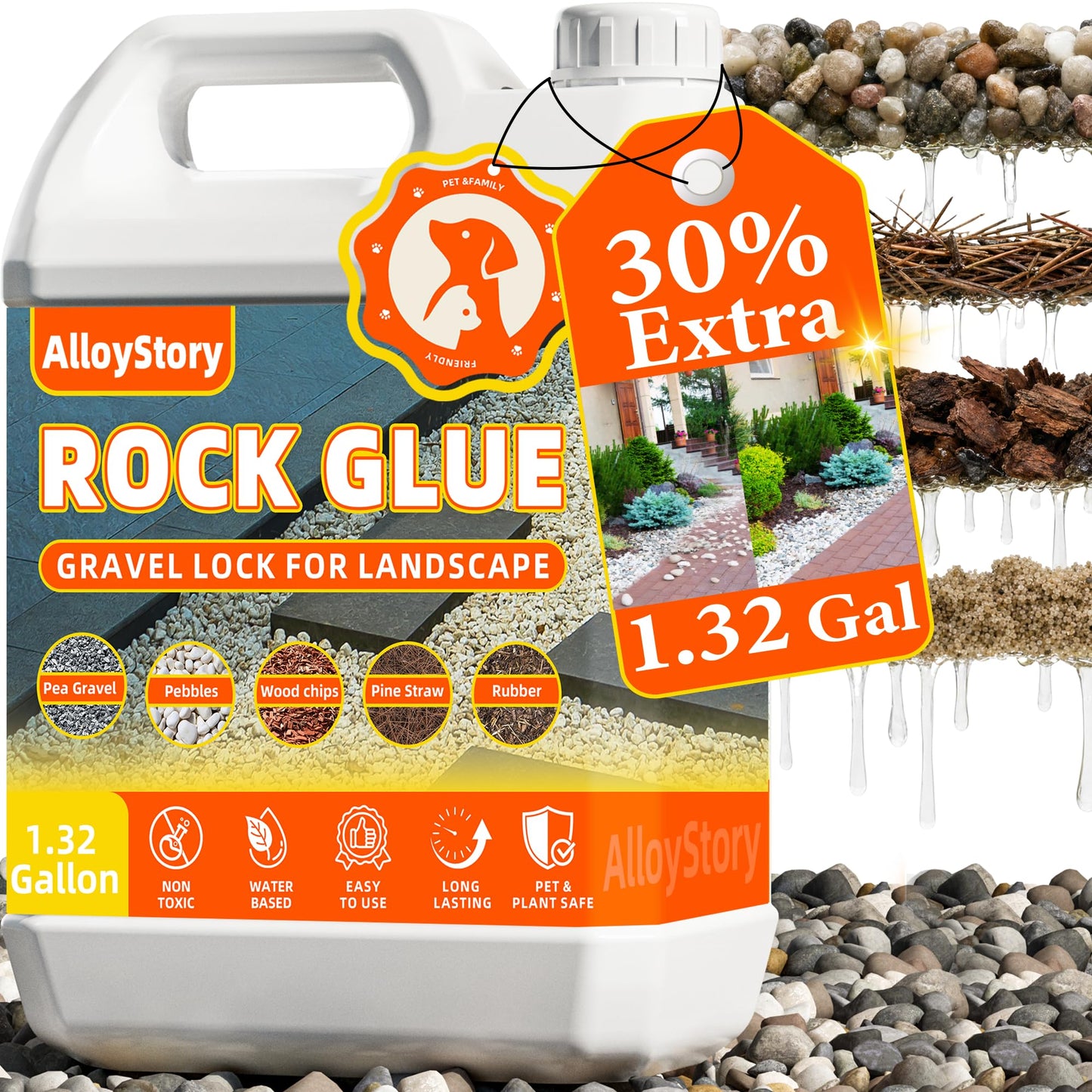 Rock Glue for Landscaping, 1.32 Gallon Mulch Glue for Landscaping, Mulch Adhesive & Gravel Stabilizer for Pea Gravel, Pebbles, and Stone for Outdoor Landscape, Walkways, Yards, Patios, and Driveways