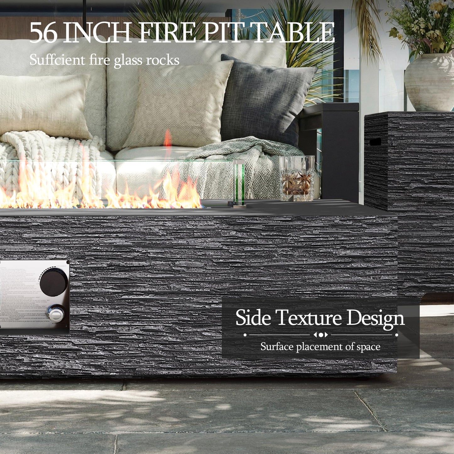 UPHA 56-inch Outdoor Propane Gas Fire Pit Table 50000 BTU Concrete Rectangle FirePit for Outside Patio with Propane Tank Cover, Wind Guard, Blue Glass Rocks, Rain Cover, Grey