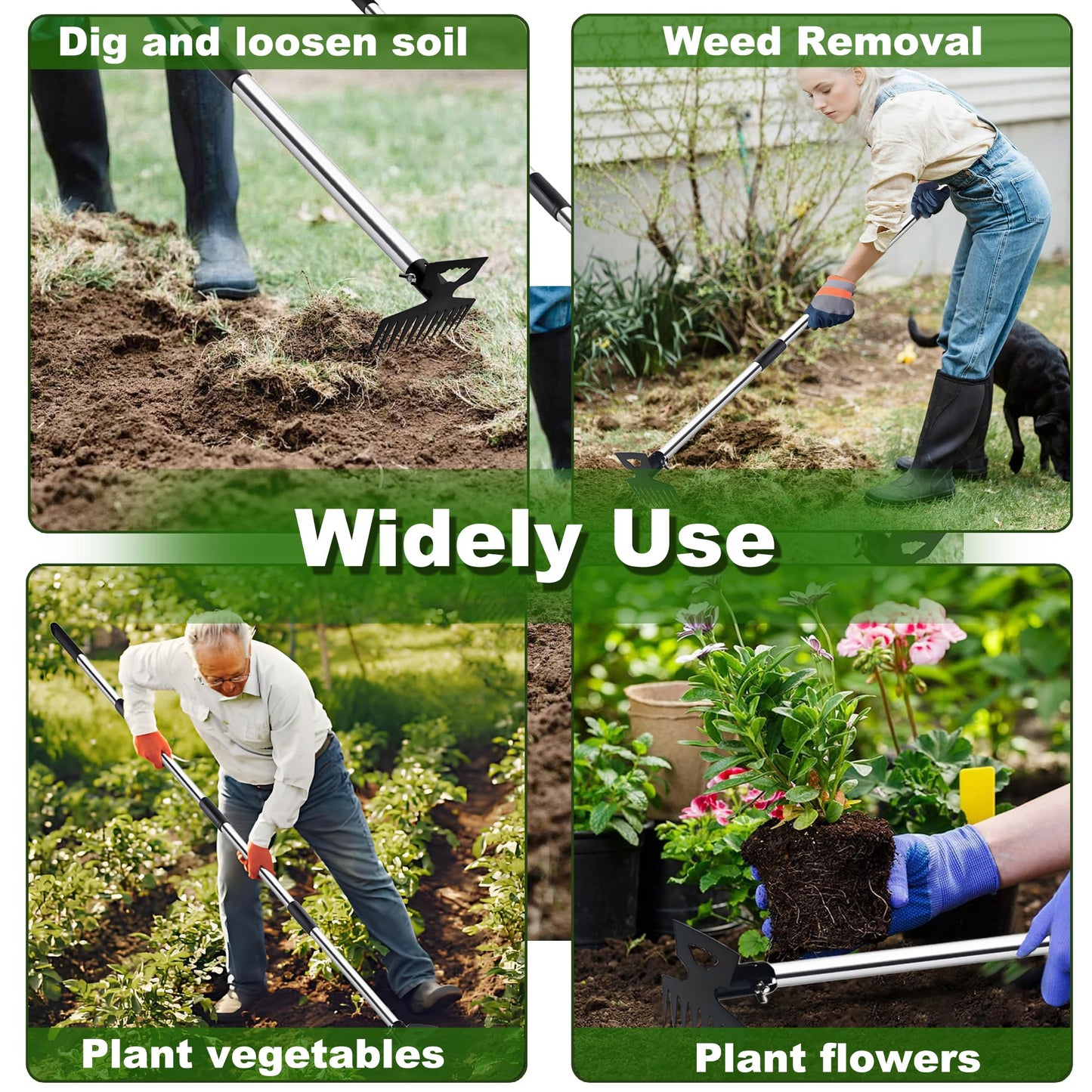 Weed Puller Tool with Long Handle, 60" Manual Weeder Remover Tool, 2 in 1 11-Tine Heavy Duty Manual Weed Rake and Garden Hoe, Weeding Tools for Yard, Lawn, Patio, Garden