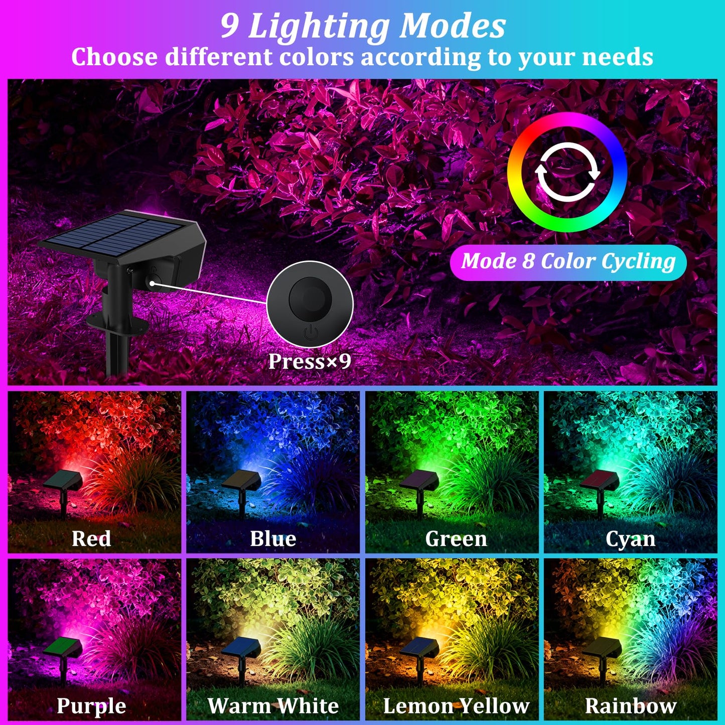 Sucolite 8-Pack Solar Spot Lights Outdoor Waterproof IP65, 3 Lighting Modes 2-in-1 Solar Landscape Spotlights for Yard, 59 LED Solar Powered Wall Lights for Garden Pathway Driveway Walkway, Multicolor