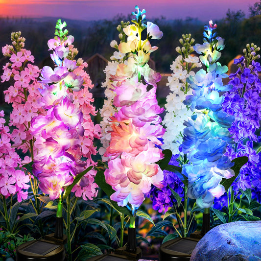GIGALUMI Solar Lights Outdoor for Garden Decor, 3 Pack Solar Flower Lights Waterproof, 2 Lighting Modes Delphinium for Pathway,Yard, Patio Decoration, Gardening Gifts for Women (Multi-Colored)