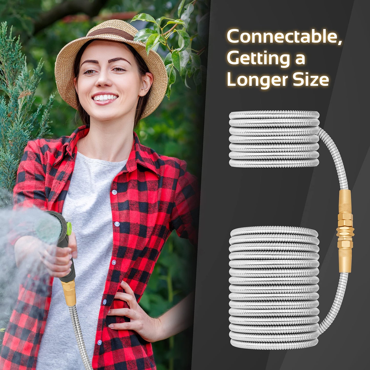 360 GADGET Garden Hose Metal - 50ft Heavy Duty Stainless Steel Water Hose with 8 Function Sprayer & Metal Fittings, Flexible, Lightweight, No Kink, Puncture Proof Hose for Yard, Outdoors, Rv