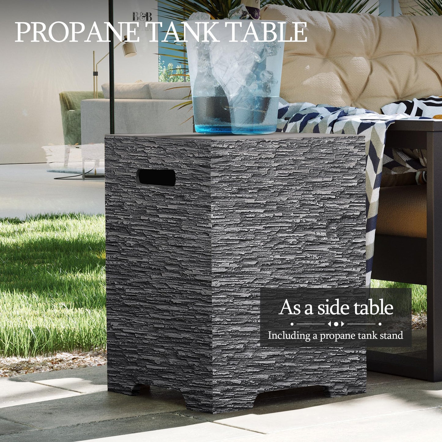 UPHA 56-inch Outdoor Propane Gas Fire Pit Table 50000 BTU Concrete Rectangle FirePit for Outside Patio with Propane Tank Cover, Wind Guard, Blue Glass Rocks, Rain Cover, Grey