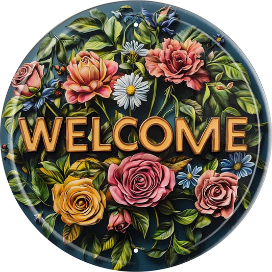 FWBOYSV Vintage Round Tin Welcome Sign Retro Metal Sign Suitable For Home Street Shop Garage Bar Farm Garden - Multi-Purpose For Indoor/Outdoor Use Plaque 8x8 Inch