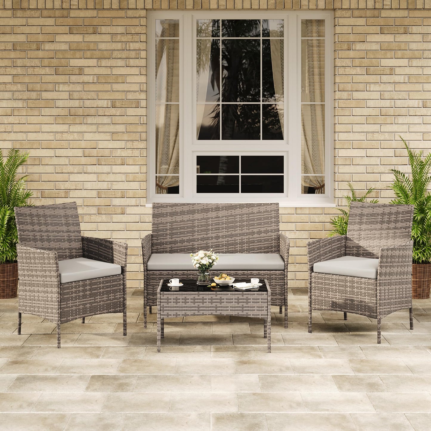 GAOMON 4-Piece Outdoor Conversation Set, PE Rattan Wicker Patio Furniture Set with Cushions, Loveseat and 2 Armchairs, Tempered Glass Coffee Table,Gray Gradient
