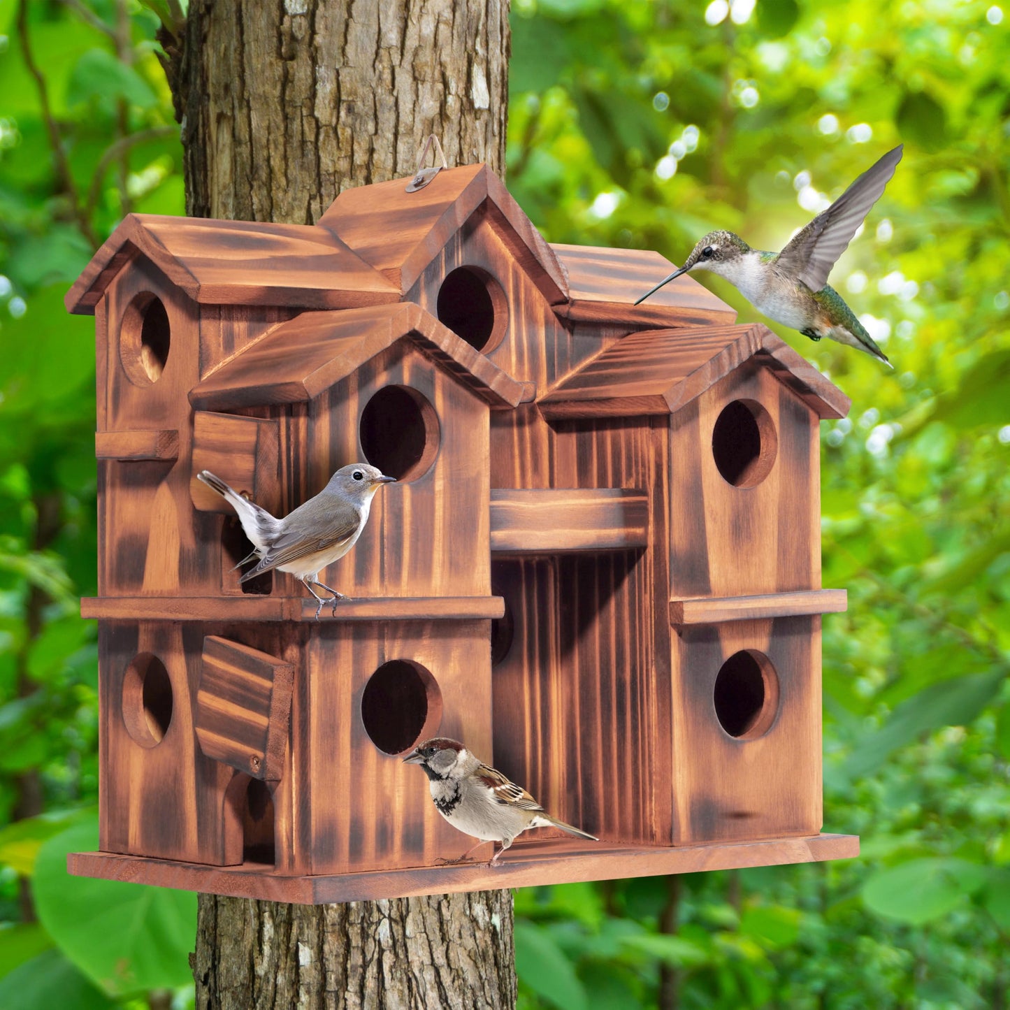 MIXUMON Wooden Bird Houses for Outside – 10 Rooms Multi-Chamber Bird House, Carbonized Pine Rustic Finish, 1.57" Entrance Holes, Individual Cleaning Doors, Decorative Outdoor Bird Nesting Box