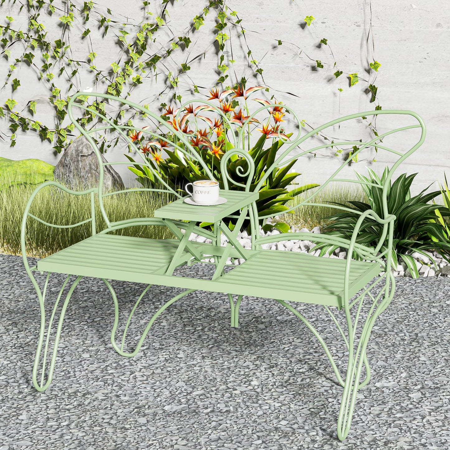 Boweniog Outdoor Bench Patio Outdoor Garden Bench with Built-in Table, Butterfly Bench for Outside, 3 People Outdoor Bench Garden Bench Front Porch Furniture (Green, 49.2inch)