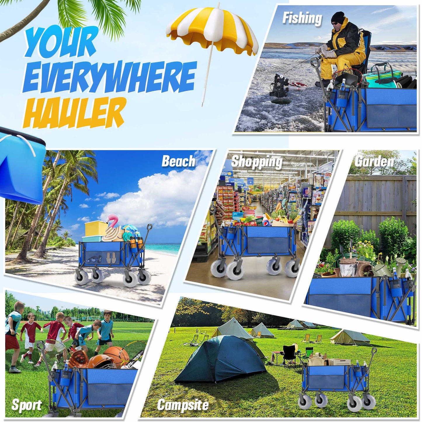Beach Wagon with Big Wheels for Sand, 350lbs Heavy Duty Folding Wagon, Oversized 180L, 9" PVC All-Terrain Wheels, Adjustable Handle, Cooler & Storage Bags for Beach, Camping, Garden & Outdoor Sports