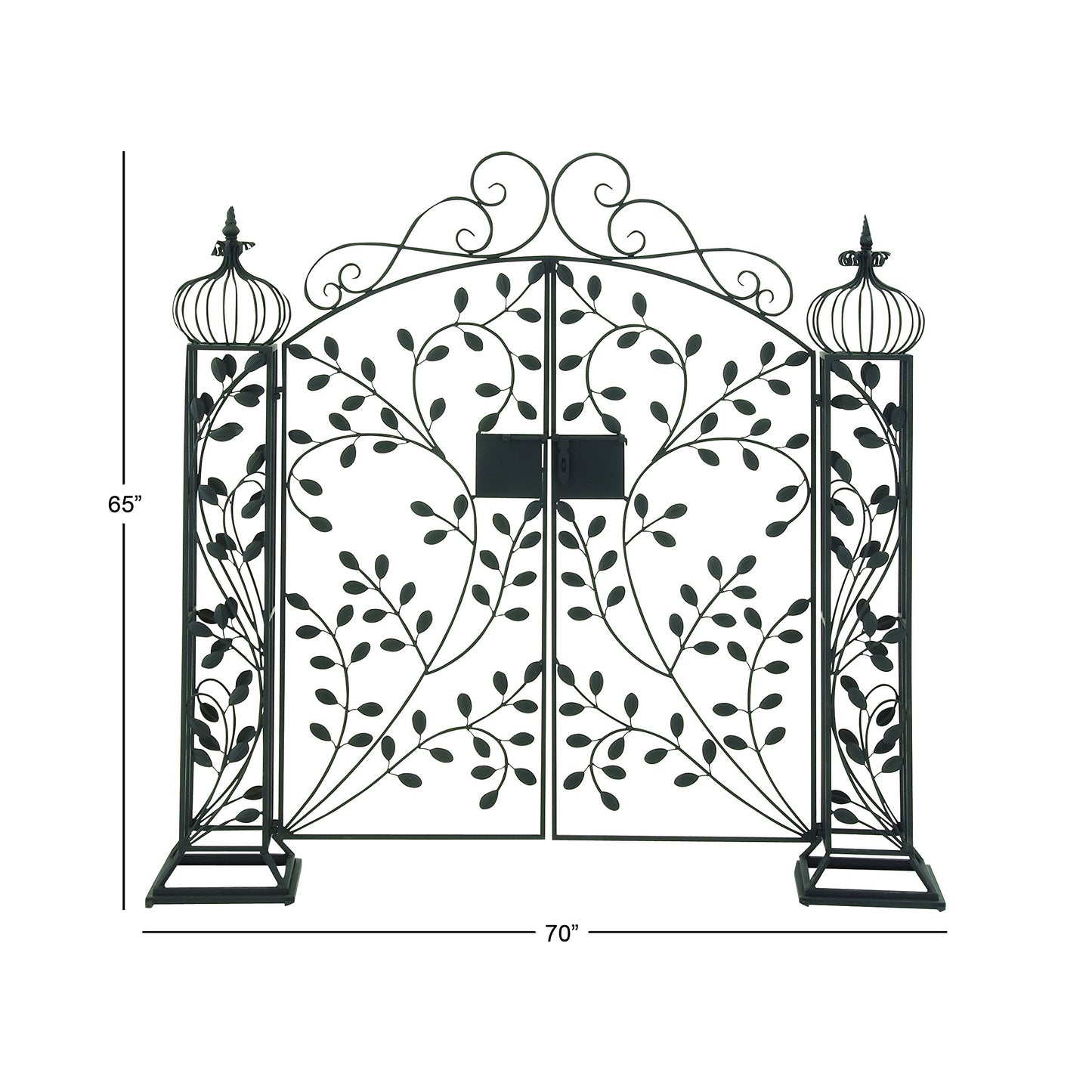 Deco 79 Metal Indoor Outdoor Scrollwork Arched Gate Garden Arbor with Vines and Latch Lock Closure, 70" x 15" x 65", Black