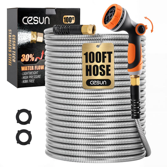 Cesun 100 ft Metal Garden Hose, Stainless Steel Heavy Duty Water Hose With 10 Function Nozzle, No Kink & Flexible, Lightweight and Durable, Rust Proof for Yard, RV, Pet Bath, Outdoor, 100 foot x 5/8"