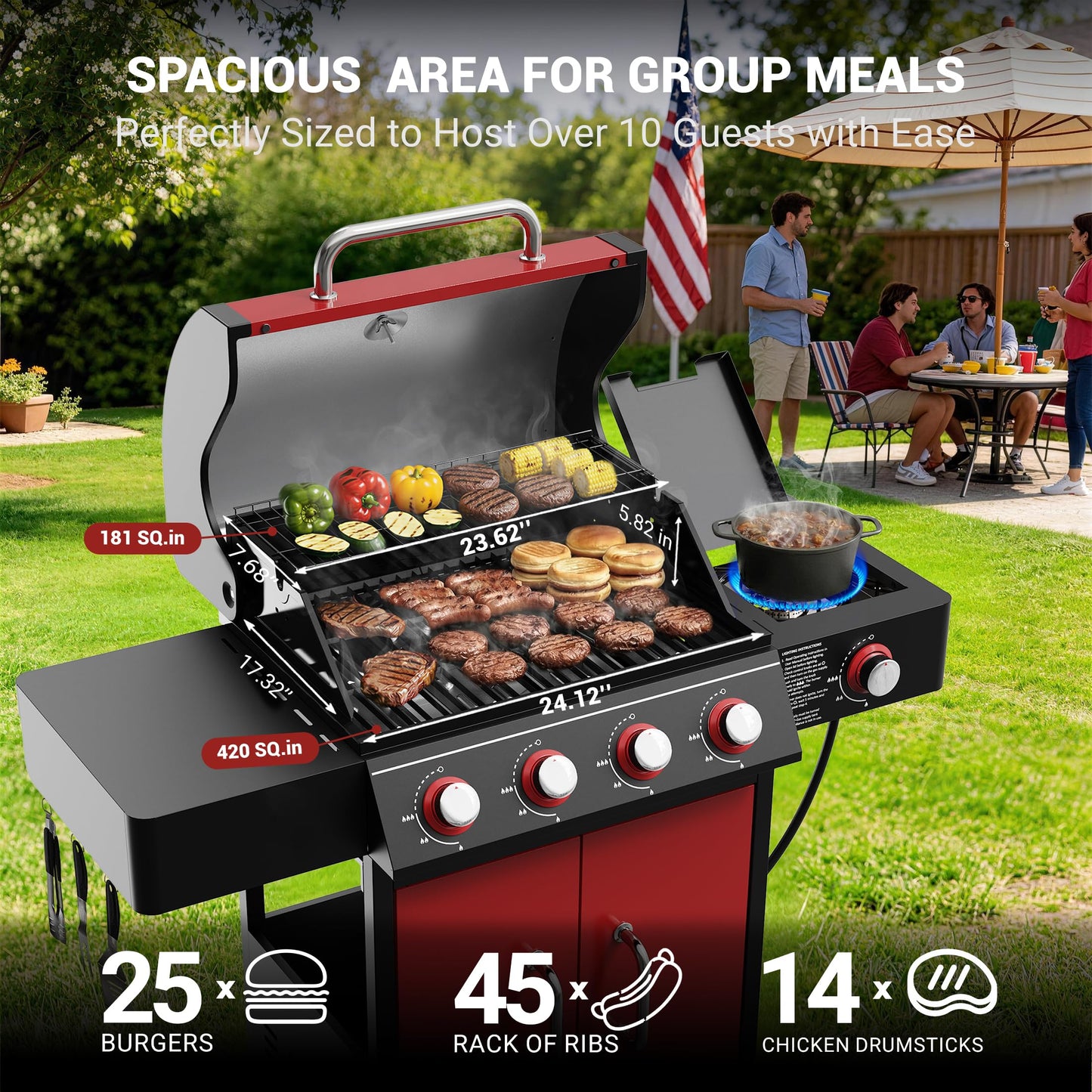 HUGROVE 4 Burner Propane Gas Grill with Side Burner, 601 Sq. In. Cooking Area with Warming Rack 51,000 BTU BBQ Grill with Porcelain-Enameled Cast Iron Grates for Outdoor Cooking