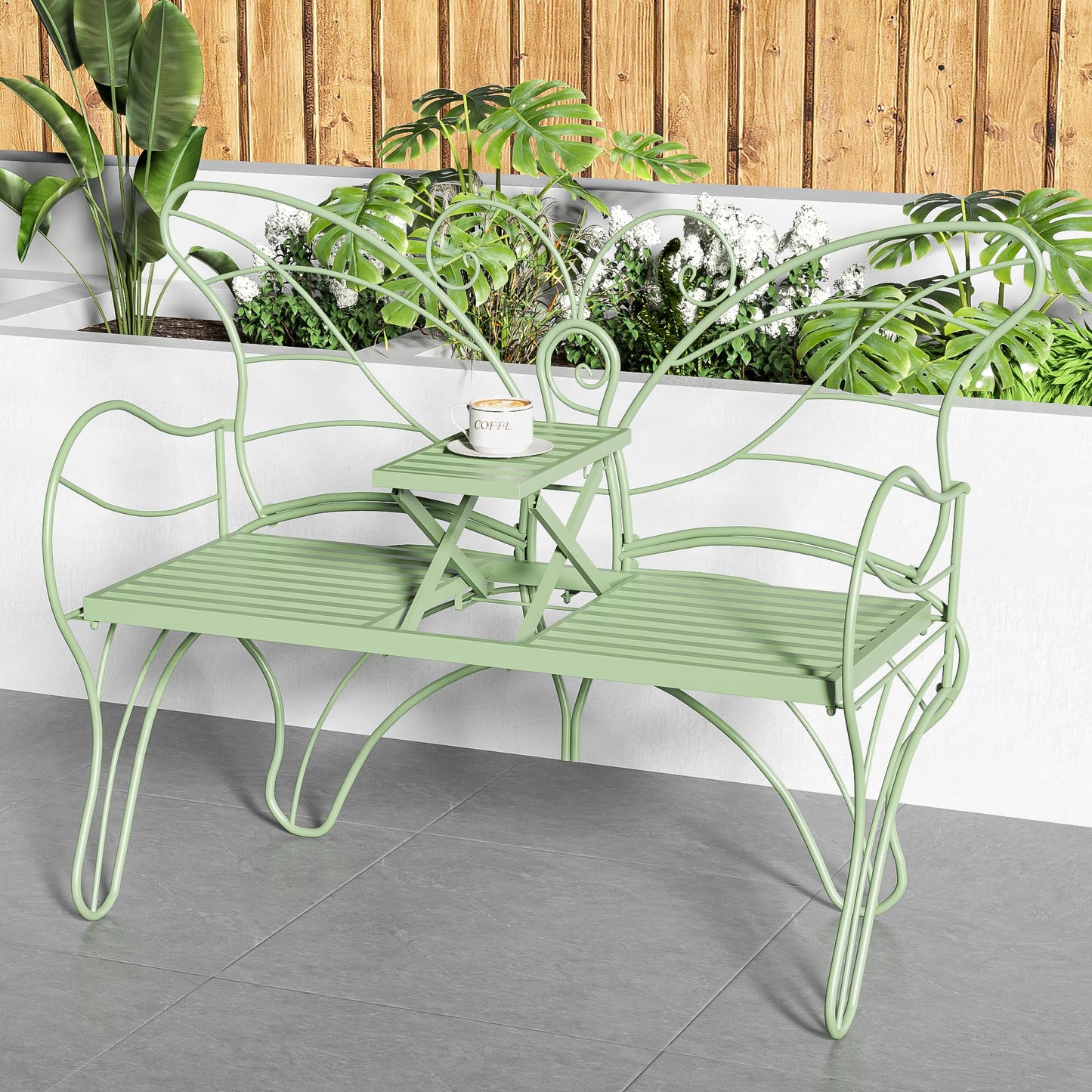 Boweniog Outdoor Bench Patio Outdoor Garden Bench with Built-in Table, Butterfly Bench for Outside, 3 People Outdoor Bench Garden Bench Front Porch Furniture (Green, 49.2inch)