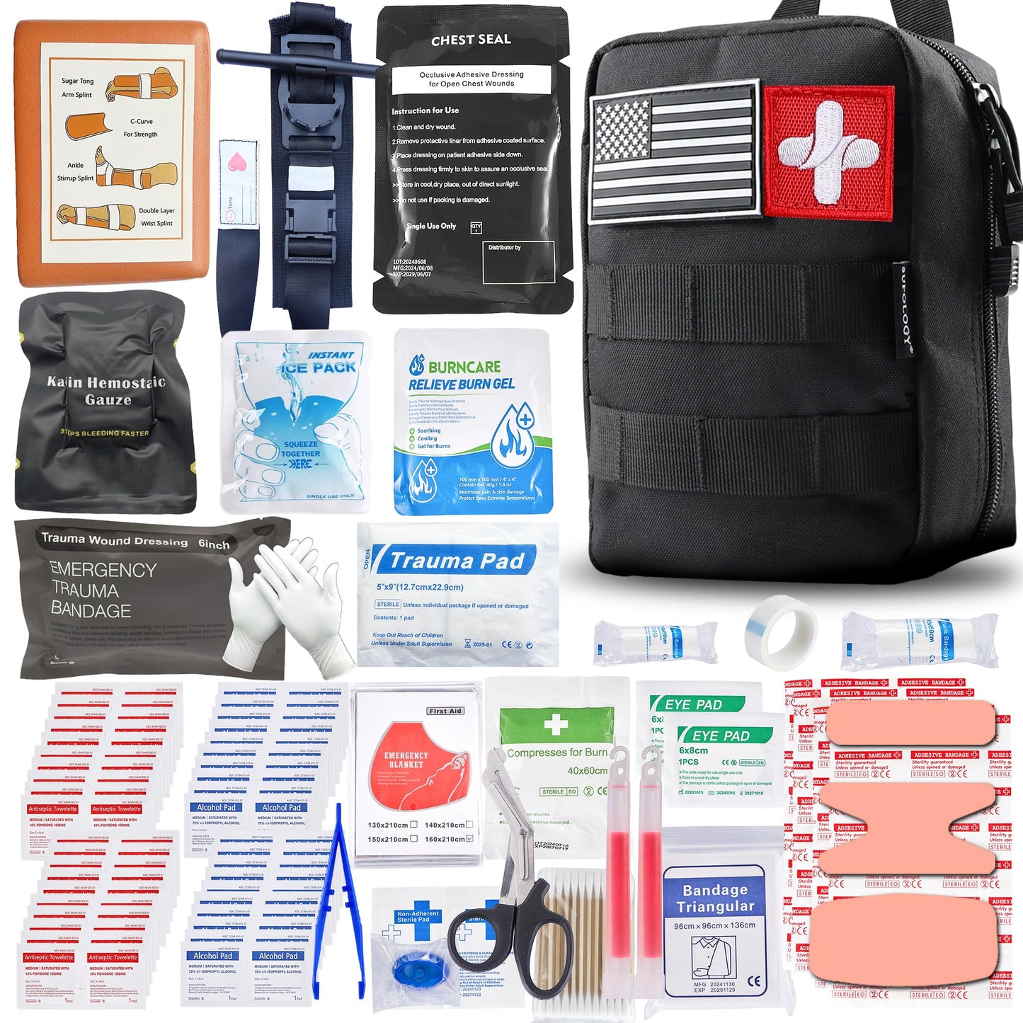 Premium IFAK Trauma Kits, First Aid Kits with Tourniquet, 36" Splint, Israeli-Bandage,Survival Emergency Prepare Equipment Bag for Home, Outdoor, Heavy-Duty Workspace, School, Car