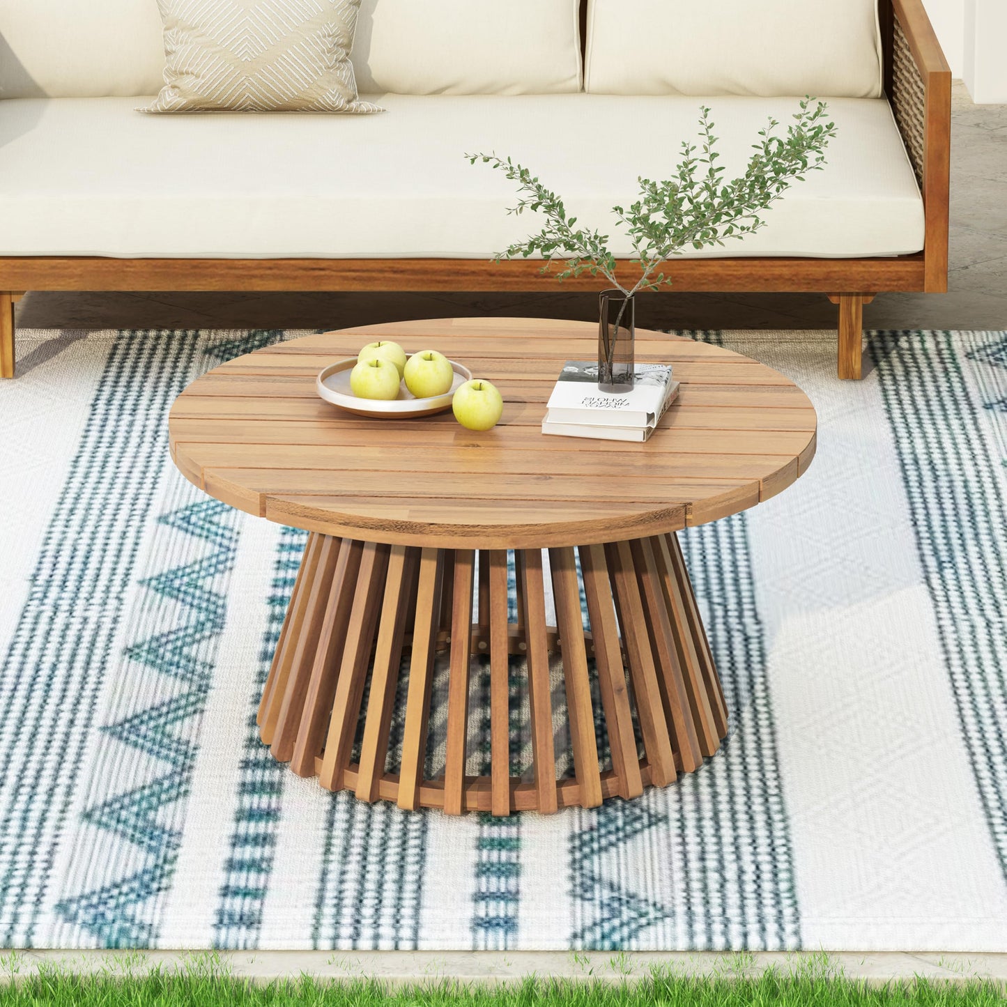 Christopher Knight Home Hakee Acacia Wood Patio Coffee Table, Round Coffee Table with Unique Wooden Base, Stylish Indoor/Outdoor Table, Easy Assembly, 31.5" x 31.5" x 16", Light Teak