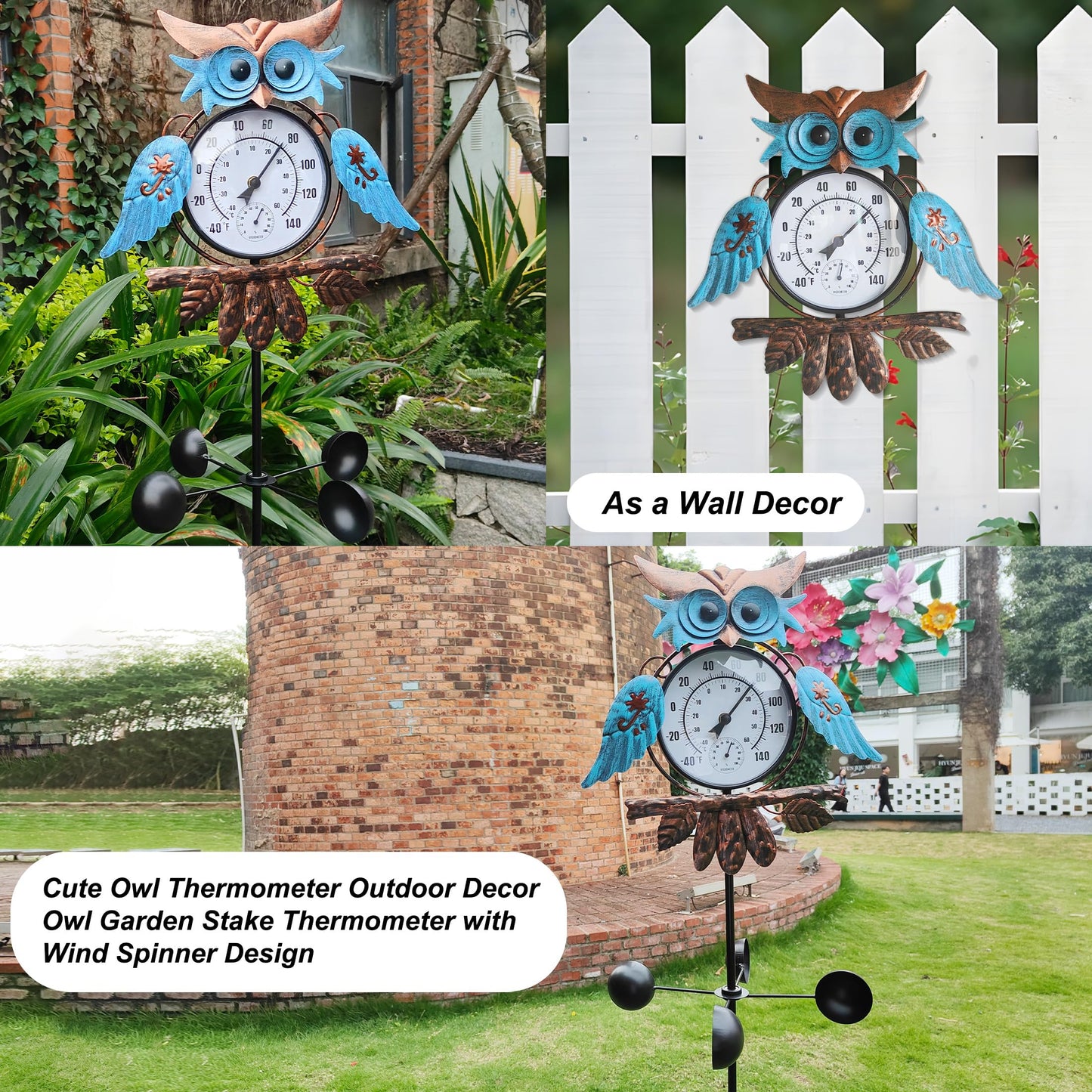 Senflame Outdoor Thermometer for Patio - Owl Garden Stake Thermometer with Wind Spinner Design - 60 inch Outside Temperature Gauge for Yard - Easy to Read, Durable & Weatherproof - Garden Decor