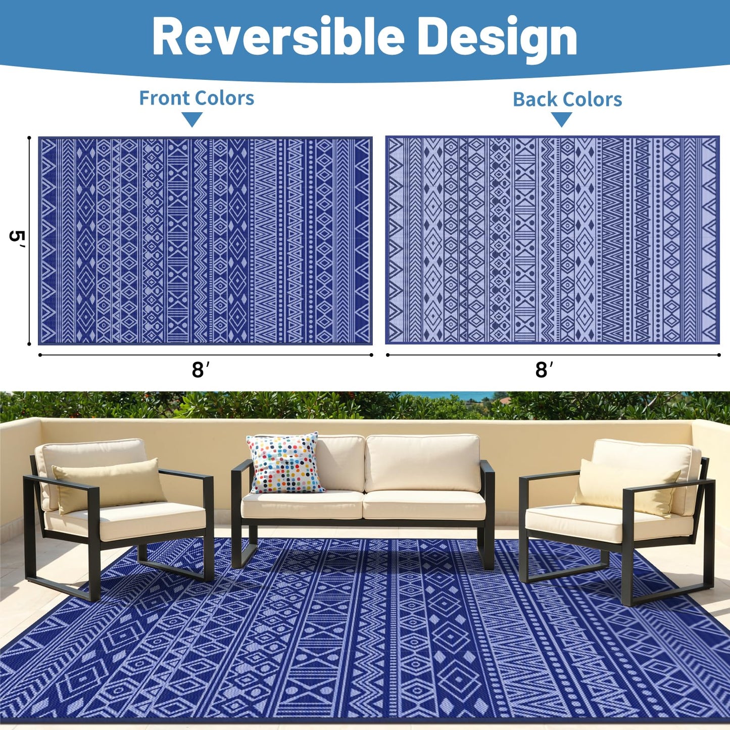 StepTastic Outdoor Rug 5x8 ft Waterproof, Reversible Plastic Straw Rug, Patio Rug, Outdoor Area Rug for RV Camping, Porch, Deck, Balcony, Backyard, Picnic, Beach, Garden, Camper, Blue & White