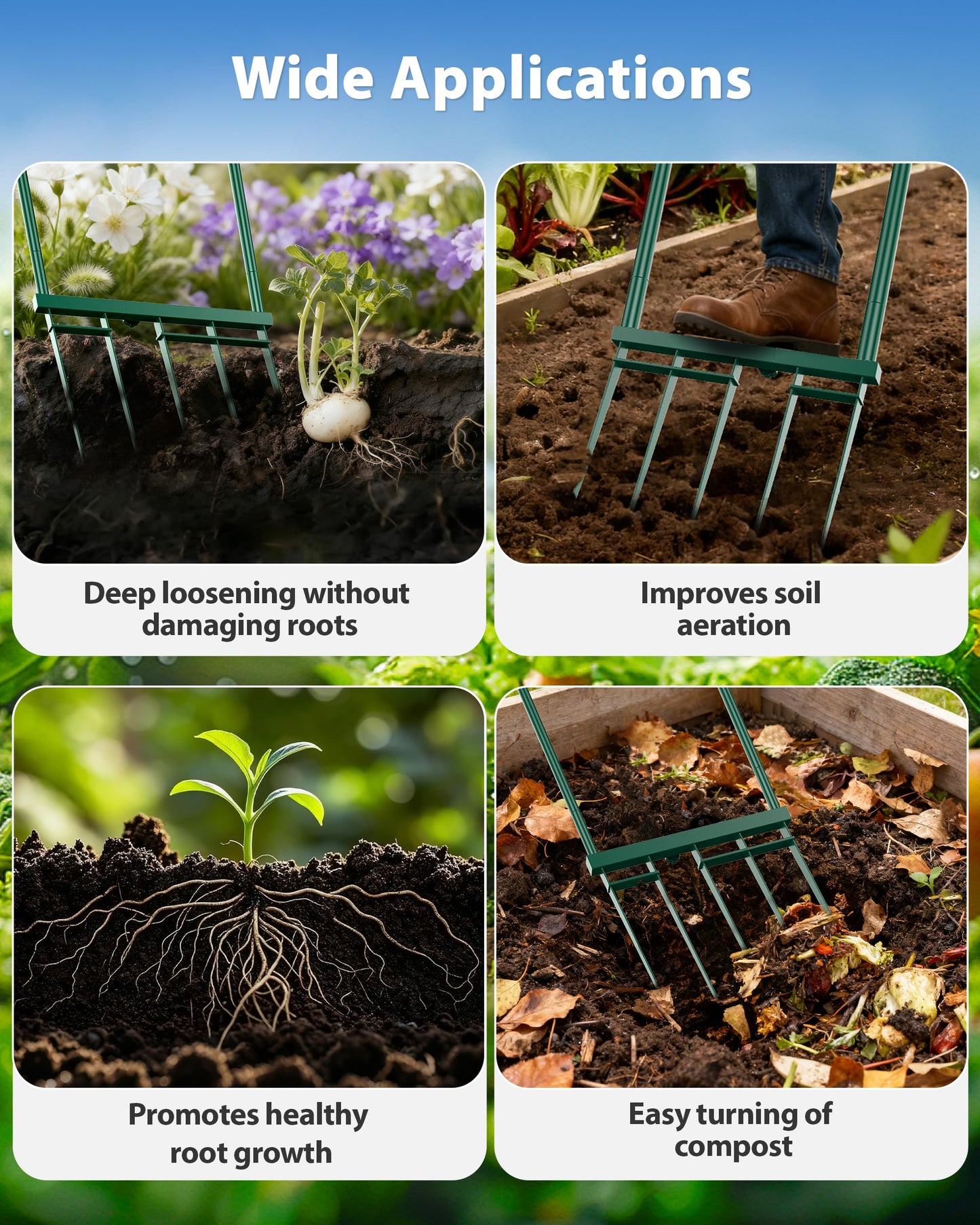 TITECK Broadfork Garden Tool, 5-Tine Heavy Duty Broad Fork, Manual Hand Tiller with 58 Inch Ergonomic Handle, Pitchfork Digging Fork for Cultivating Spading Crushing Aerating Gardening Soil
