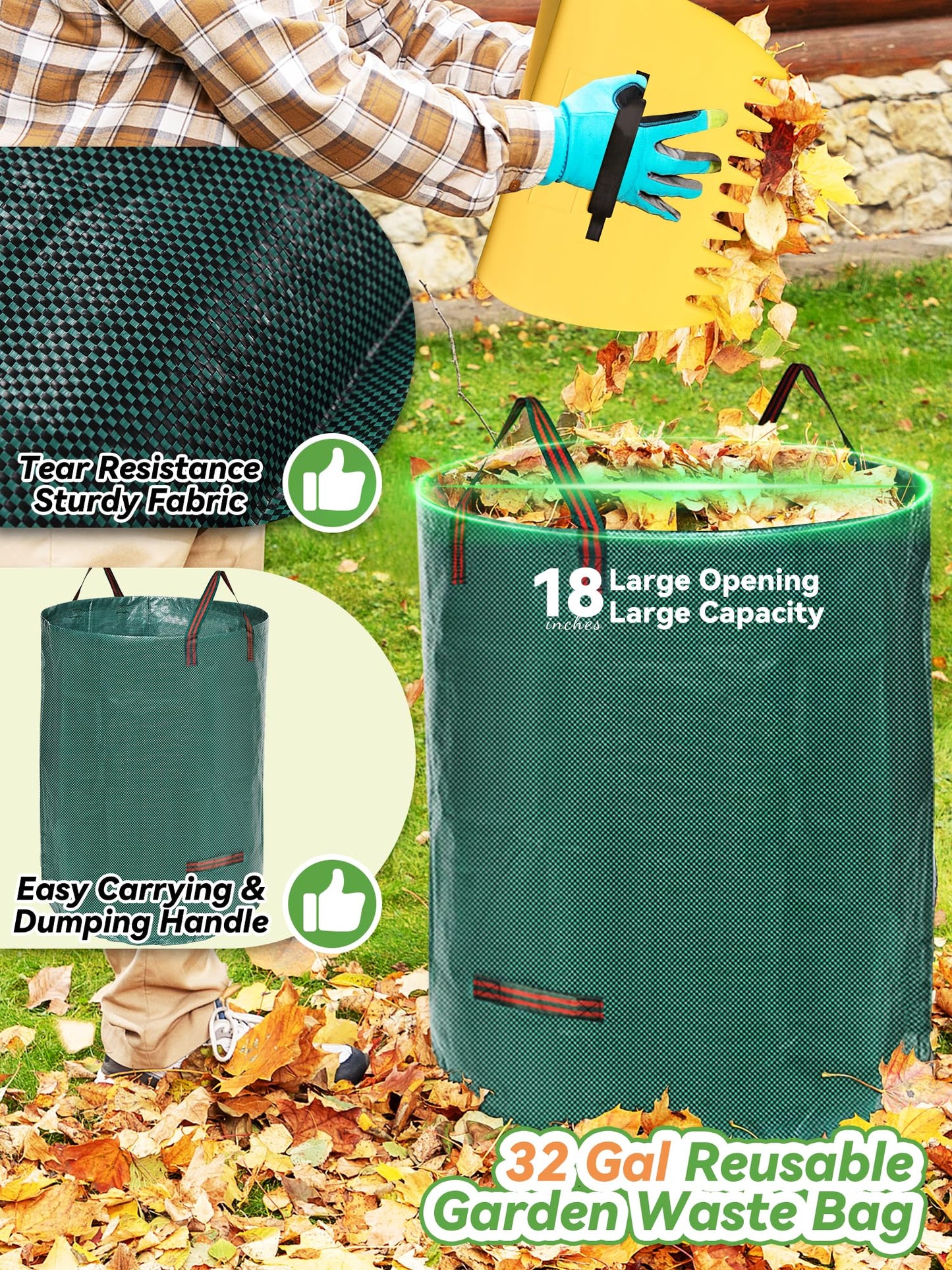 Garden Rake for Leaves Lawns, 3-in-1 Gardening Tools Set with 5 ft Metal Rake, Leaf Scoops Hand Claws, 32 Gallon Reusable Yard Waste Bag, Heavy Duty 25-Tine Rakes for Quick Pick Up, Clear n Collect