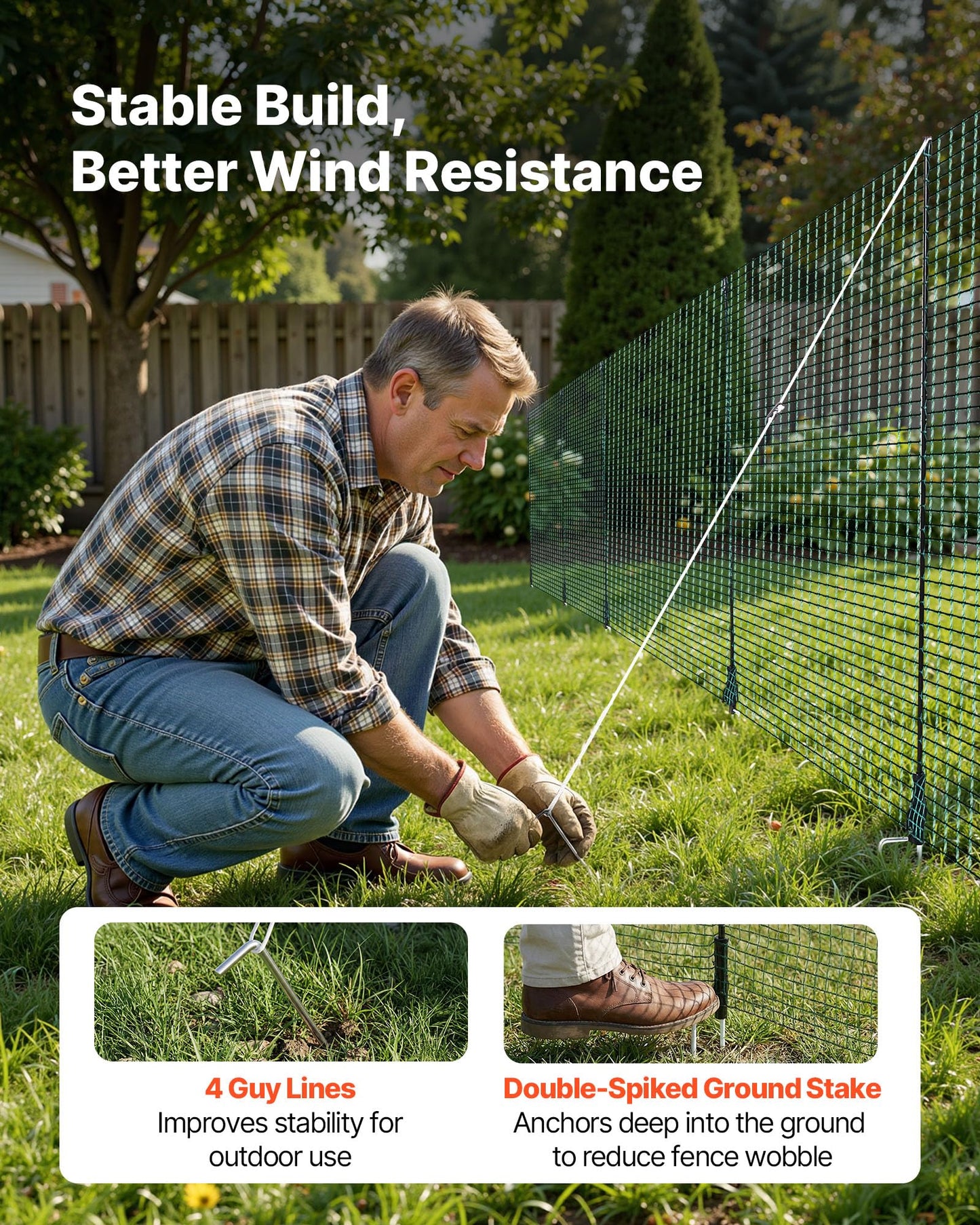 VEVOR Temporary Fence with Posts, 3 x 98.4 FT Plastic Mesh Fencing, Garden Safety Fences Netting with Double-Spike Stakes & Guy Ropes, Temporary Fence for Dogs, Chickens, Plants, Outdoor Yards