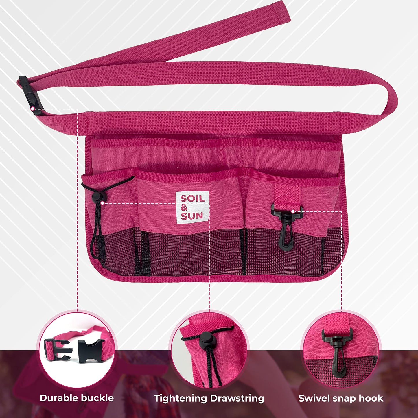 Soil & Sun Garden Tool Belt for Women, Tool Apron, Utility Belt Women, Teacher, Canvas Waist Apron with Pockets,Garden Aprons (Pink)