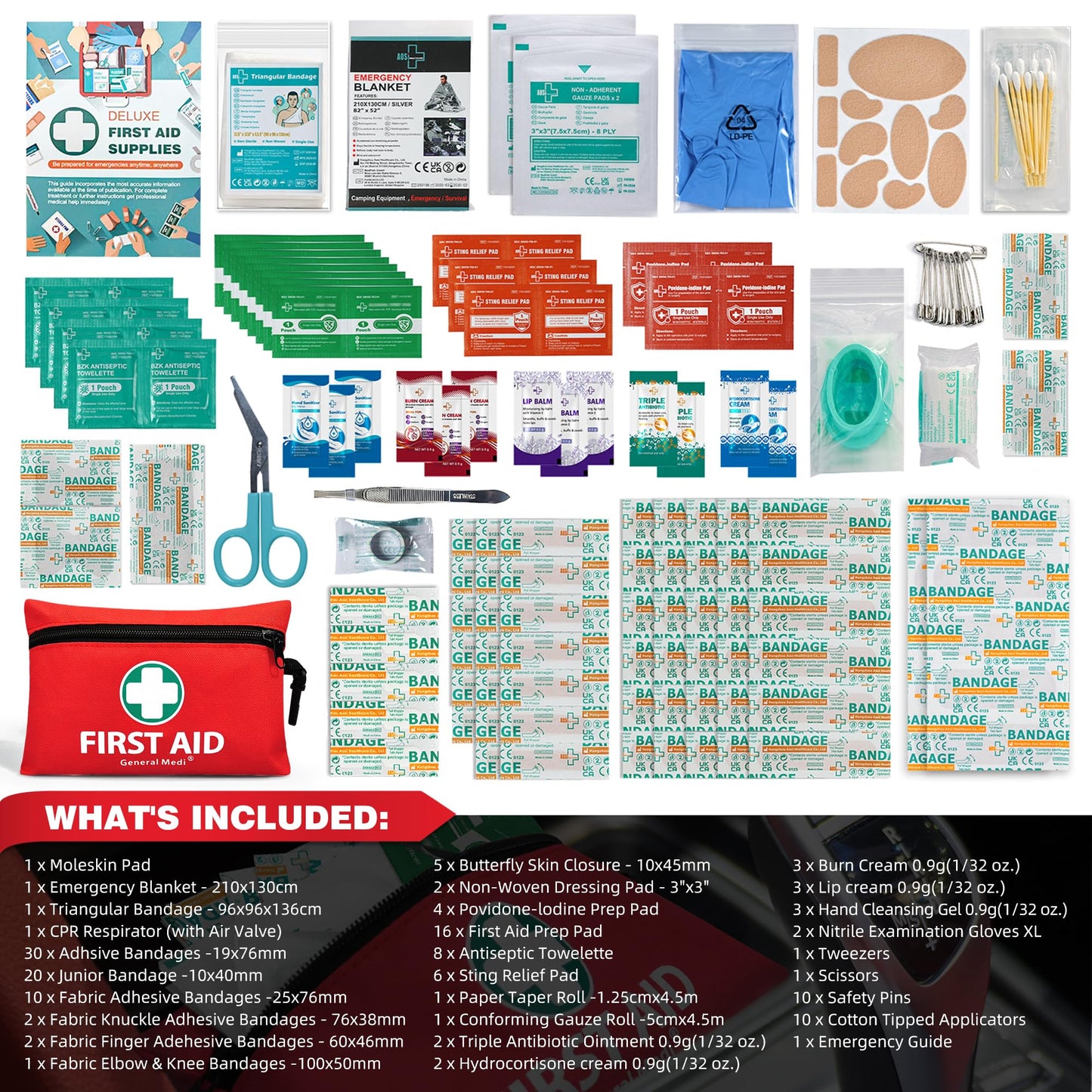 General Medi Mini First Aid Kit, 150 Piece Small First Aid Kit - Includes Emergency Foil Blanket, Scissors for Travel, Home, Office, Vehicle, Camping, Workplace & Outdoor (Red)