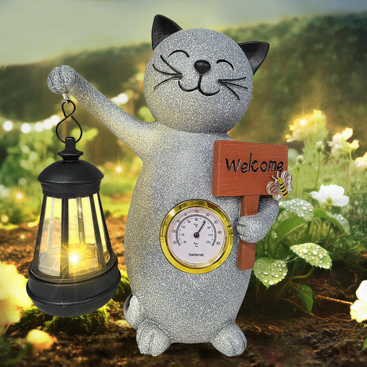 Rose Manor Solar Cat Outdoor Statues for Garden-Creative Thermometer-Lantern-Welcome Sign, Suitable for Yard Art, Lawn Ornaments, Porch, Terrace, Alcove, Home, House Outdoor, Cat Garden Decoration