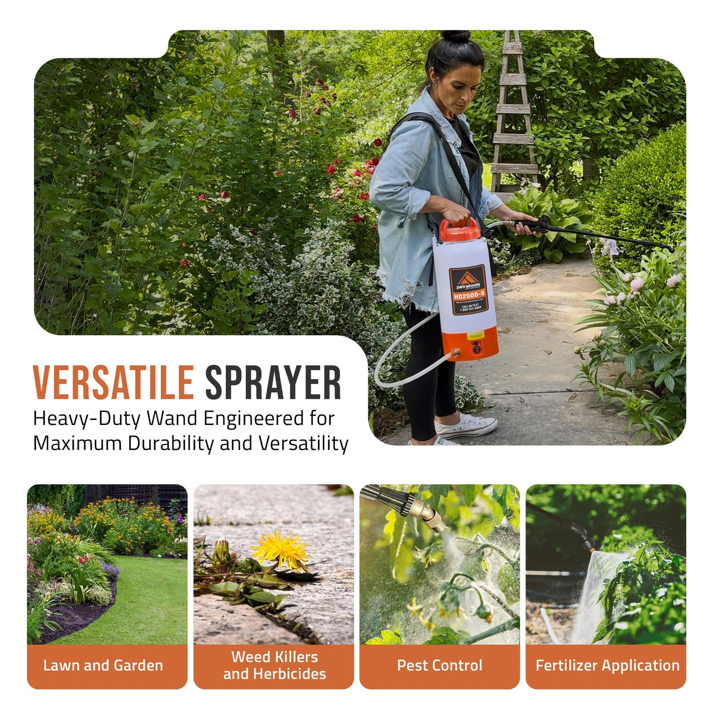 PetraTools Battery Powered Sprayer 2 Gallon - HD2000-S - Heavy Duty Electric Sprayer for Lawn and Garden Weed/Pest Control, Watering - with Battery, Charger & 2 Nozzles (2 Gallon)