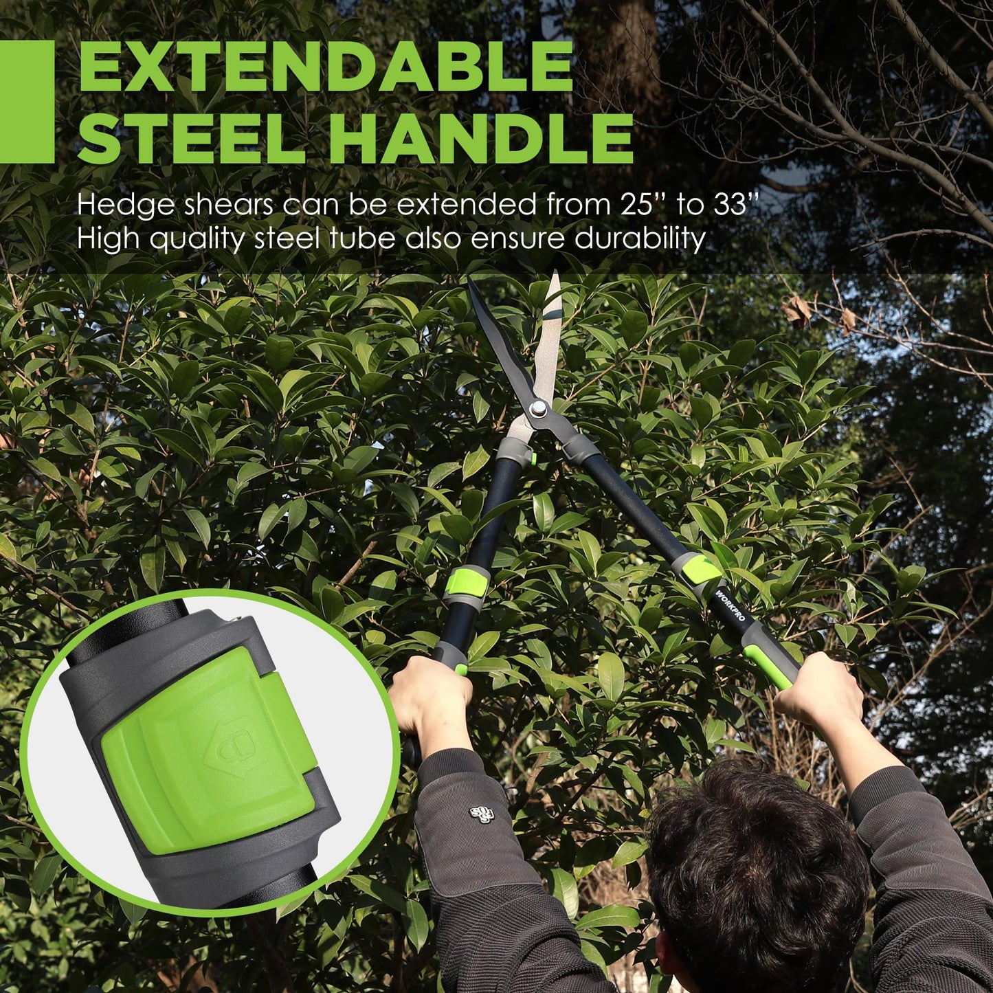 WORKPRO Extendable Hedge Shears, 25"-33" Manual Hedge Clippers, Professional Bush Cutter, Gardening Pruners Scissors, Hedge Trimmers, Shears Gardening Tools for Pruning Borders & Shrubs