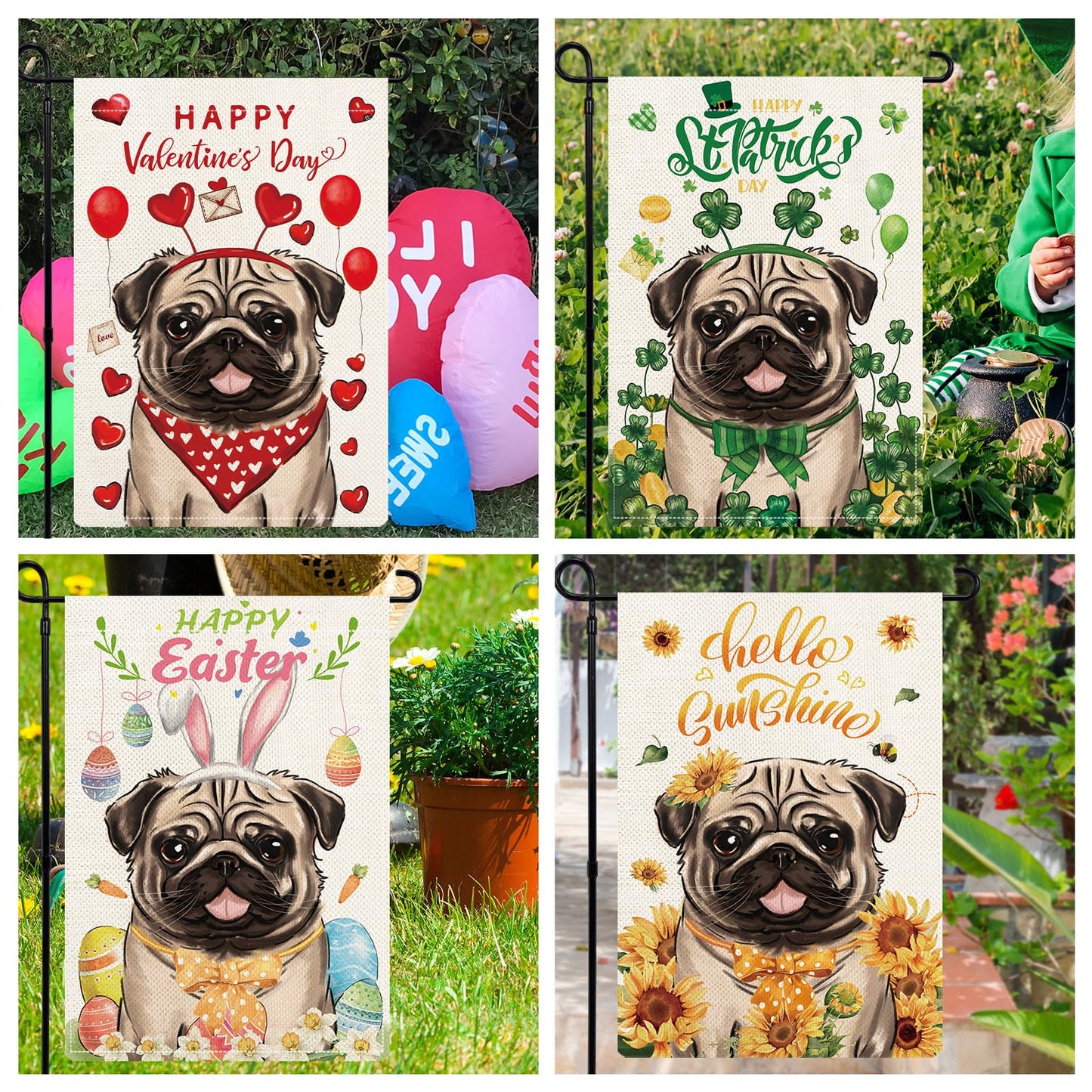 YOVOYOA Pug Garden Flags for Outside Set of 12, Dog Welcome Seasonal Garden Flags 12x18 Double Sided for All Seasons and Holidays, Spring Summer Yard Lawn Flag for Outdoor Decor, Pug Decor